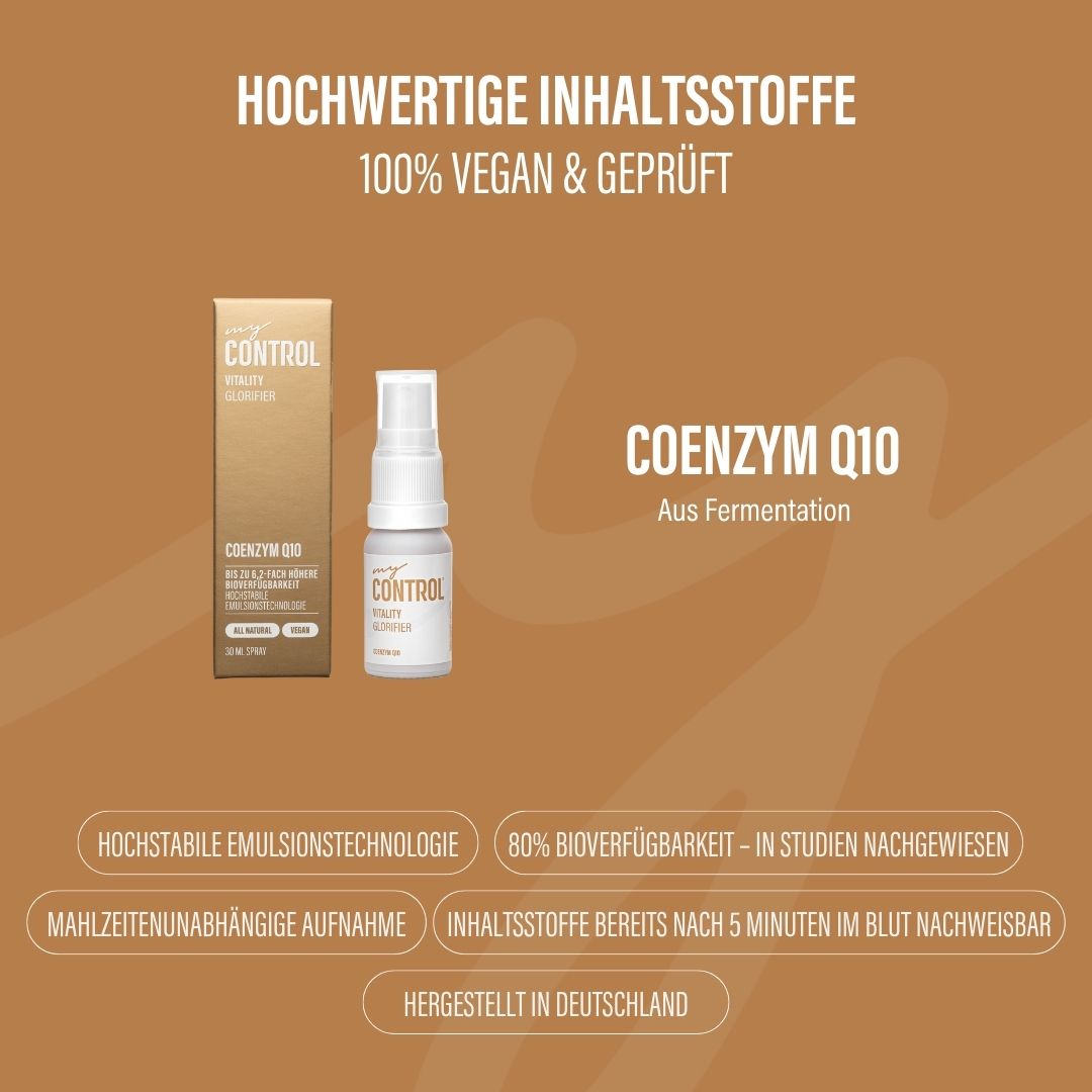 Produkt und Verpackung. Text: my Control Vitality Glorifier, Coenzym Q10. Sprayflasche und Schachtel. Vegan, hergestellt in Deutschland.