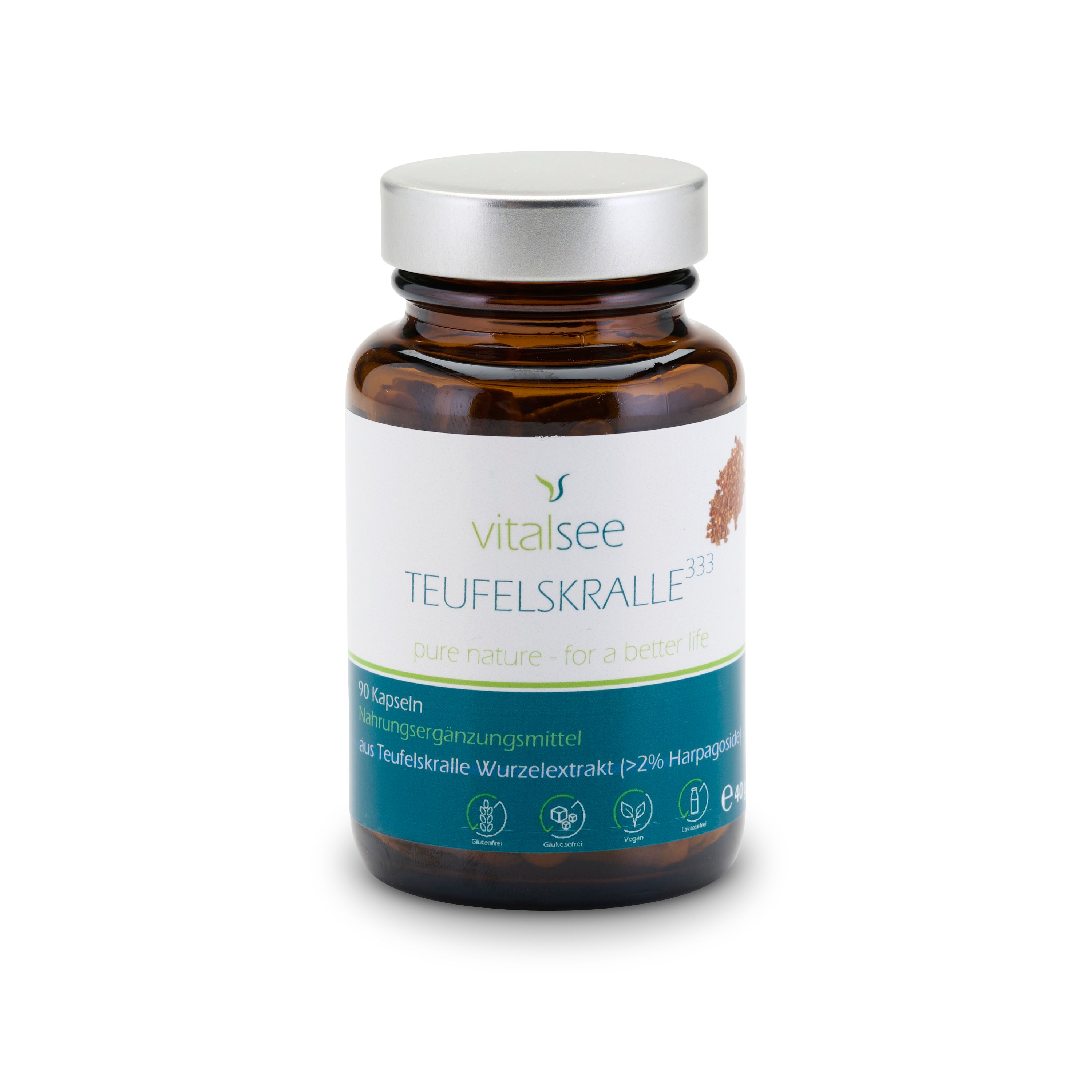 Braune Glasflasche mit silbernem Deckel. Weißes Etikett mit Produktnamen und Logo. Kapseln im Inneren sichtbar.