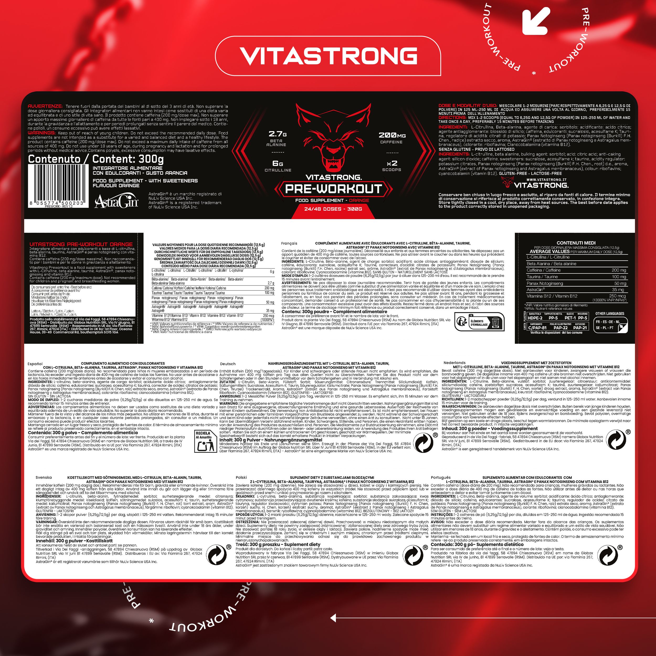 Produktverpackung Vitastrong Pre-Workout. Rote Verpackung mit Produktinformationen und Details.