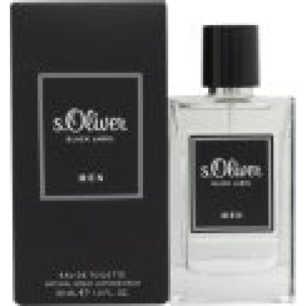 s.Oliver Black Label Men Eau de Toilette. Rechteckiger Flakon mit schwarzem Deckel und Etikett. Schwarze Verpackung.
