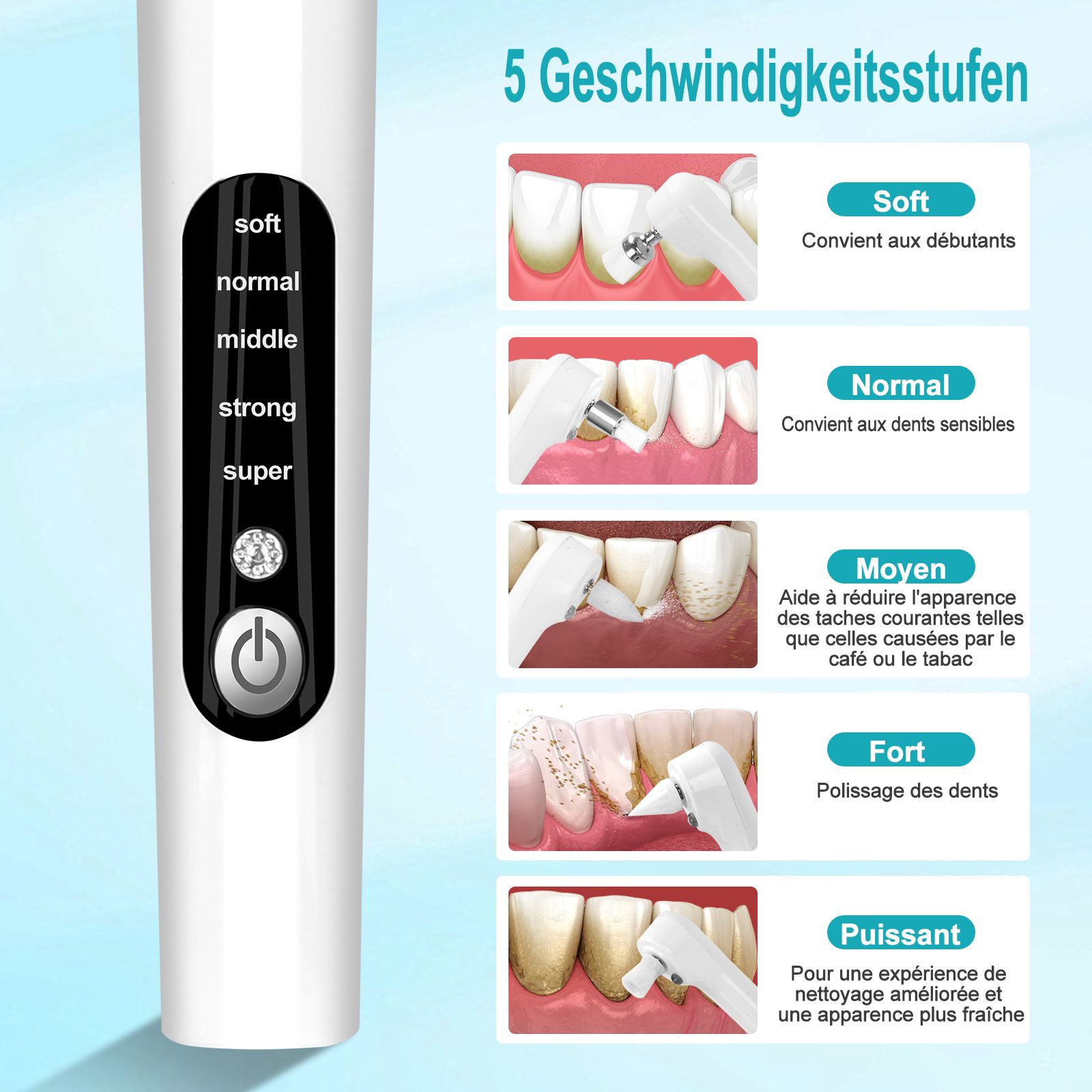 Zahnpolierer mit 5 Geschwindigkeitsstufen. Soft, Normal, Mittel, Stark, Super. Text: Conviene aux débutants, dents sensibles, etc.
