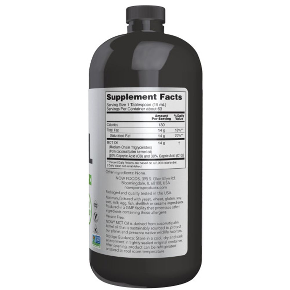 Schwarze Flasche mit weißem Etikett. Aufschrift: Supplement Facts, MCT Oil. Enthält Nährwertangaben und Inhaltsstoffe.
