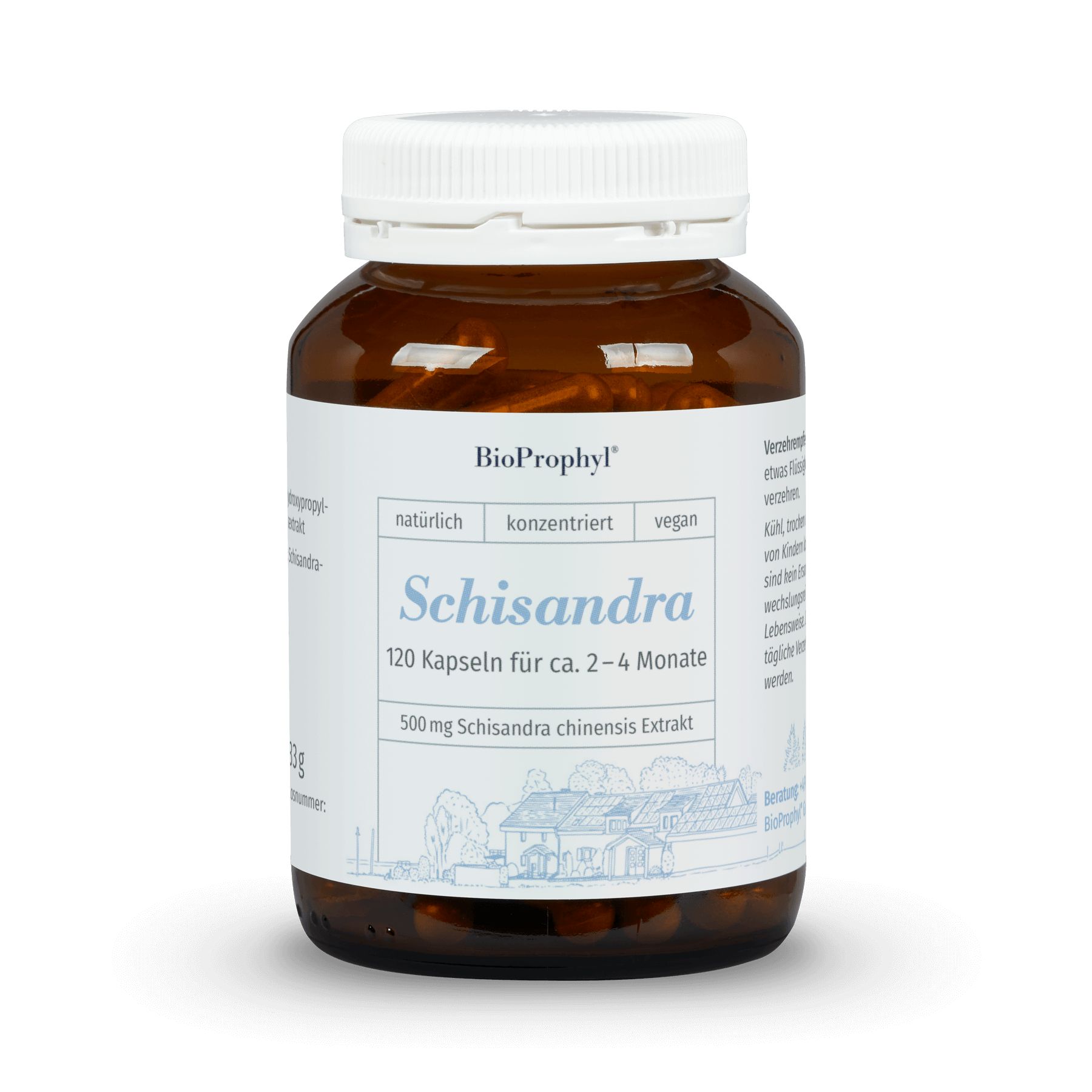 Braune Glasflasche mit weißen Etikett. Beschriftung: Schisandra, 120 Kapseln, 500mg Schisandra chinensis Extrakt. Deckel weiß.