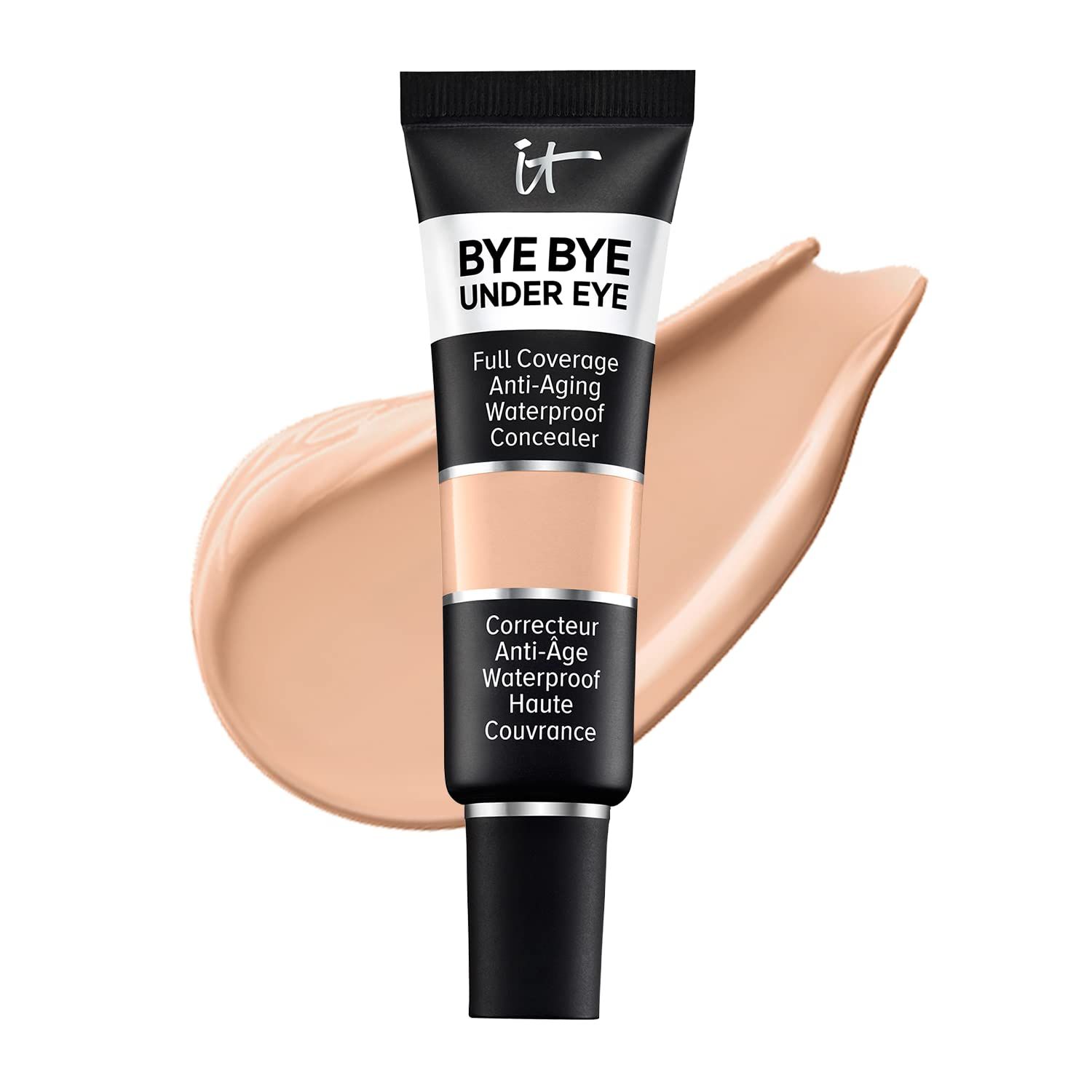 Concealer-Tube mit Produkt und Farbklecks. Aufschrift: BYE BYE UNDER EYE. Voll deckend, Anti-Aging, wasserfest.