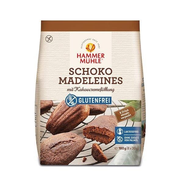 Verpackung von Hammermühle Schoko Madeleines glutenfrei. Aufschrift: Schoko Madeleines mit Kakaocremefüllung, glutenfrei, laktosefrei.