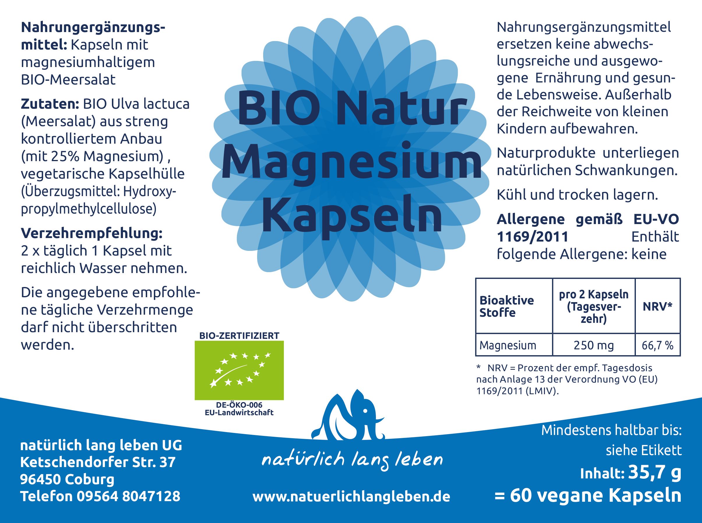 natürlich lang leben BIO Natur Magnesium Kapseln 35,7 g