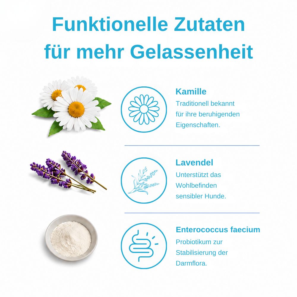 Zutaten für Hundesnacks: Kamille, Lavendel und Enterococcus faecium.