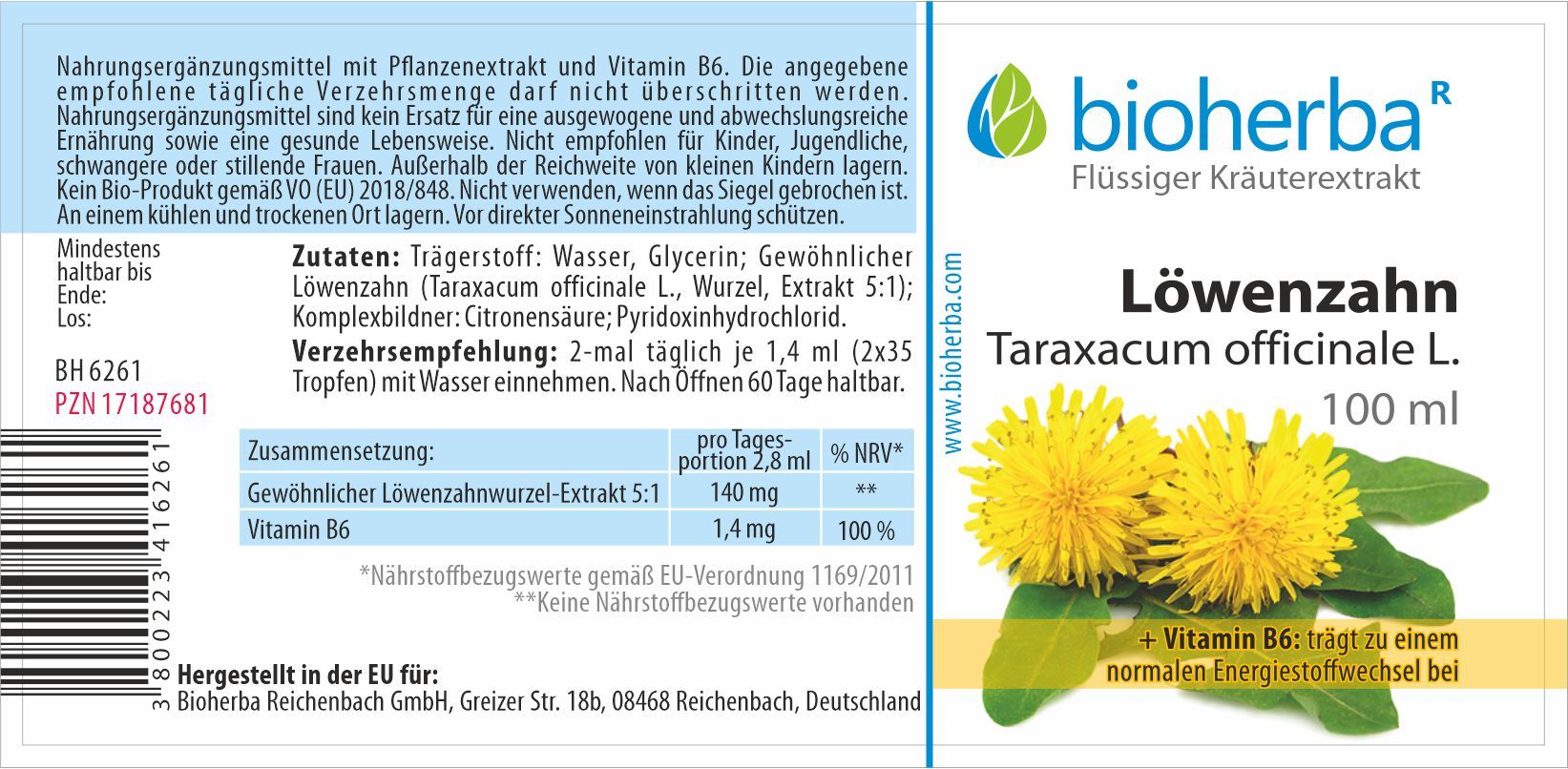 Bioherba Löwenzahn Taraxacum officinale L. Tropfen Tinktur