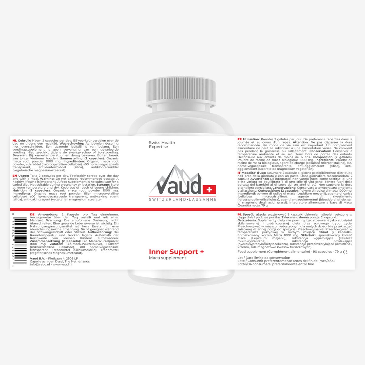 Rückseite einer weißen Flasche mit Text. Aufschrift: Vaud, Inner Support + Mass Supplement.