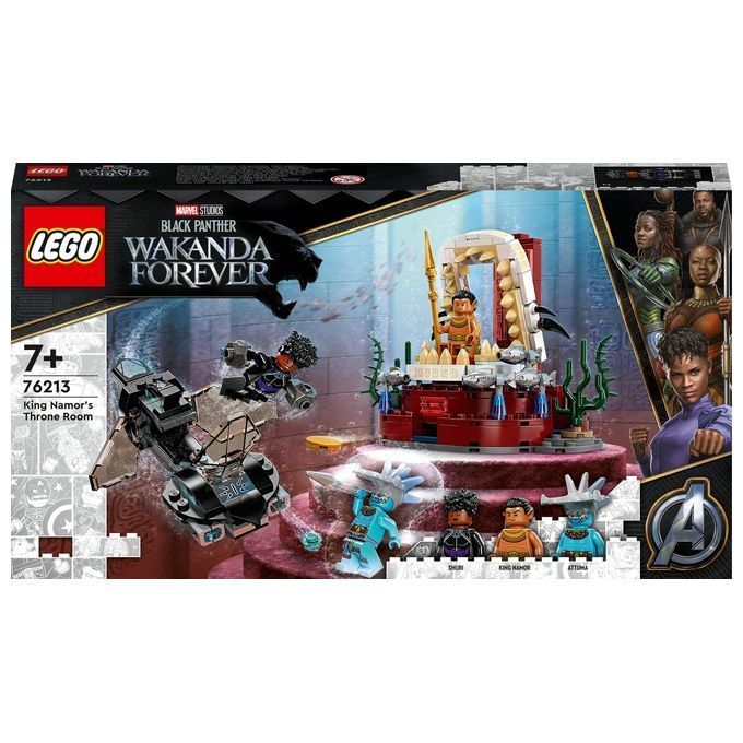 Set LEGO "King Namor's Throne Room". Confezione con personaggi e modello della sala del trono. Marvel Studios Black Panther.