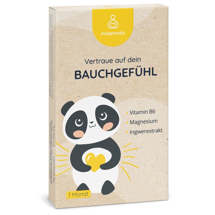 Karton mit miapanda Bauchgefühl. Aufdruck: Panda-Illustration, "Vertraue auf dein Bauchgefühl", Inhaltsstoffe, "1 Monat".
