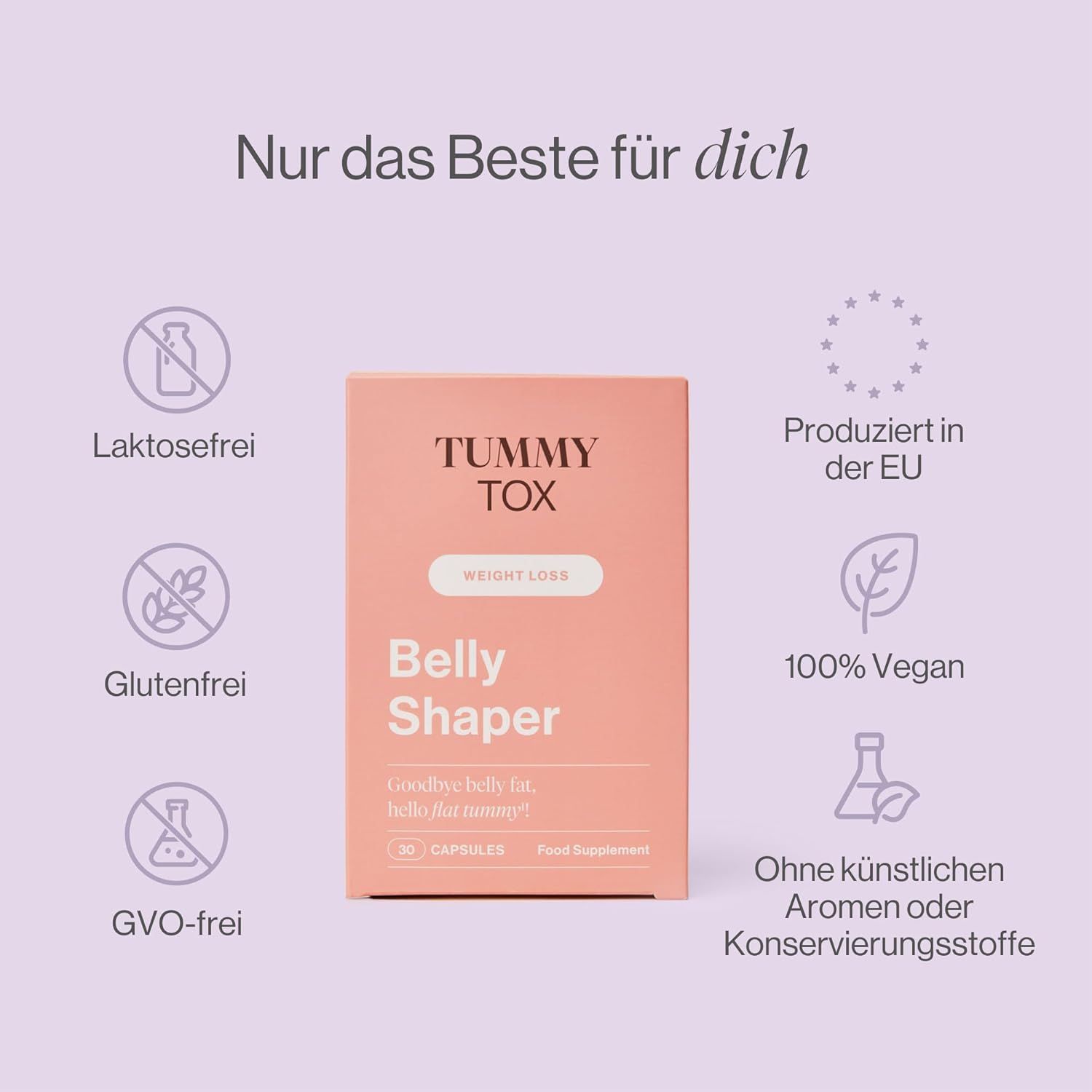 Rosa Schachtel mit 'TummyTox Belly Shaper'. Text: Laktosefrei, Glutenfrei, GVO-frei, Produziert in der EU, 100% Vegan, Ohne künstliche Aromen.