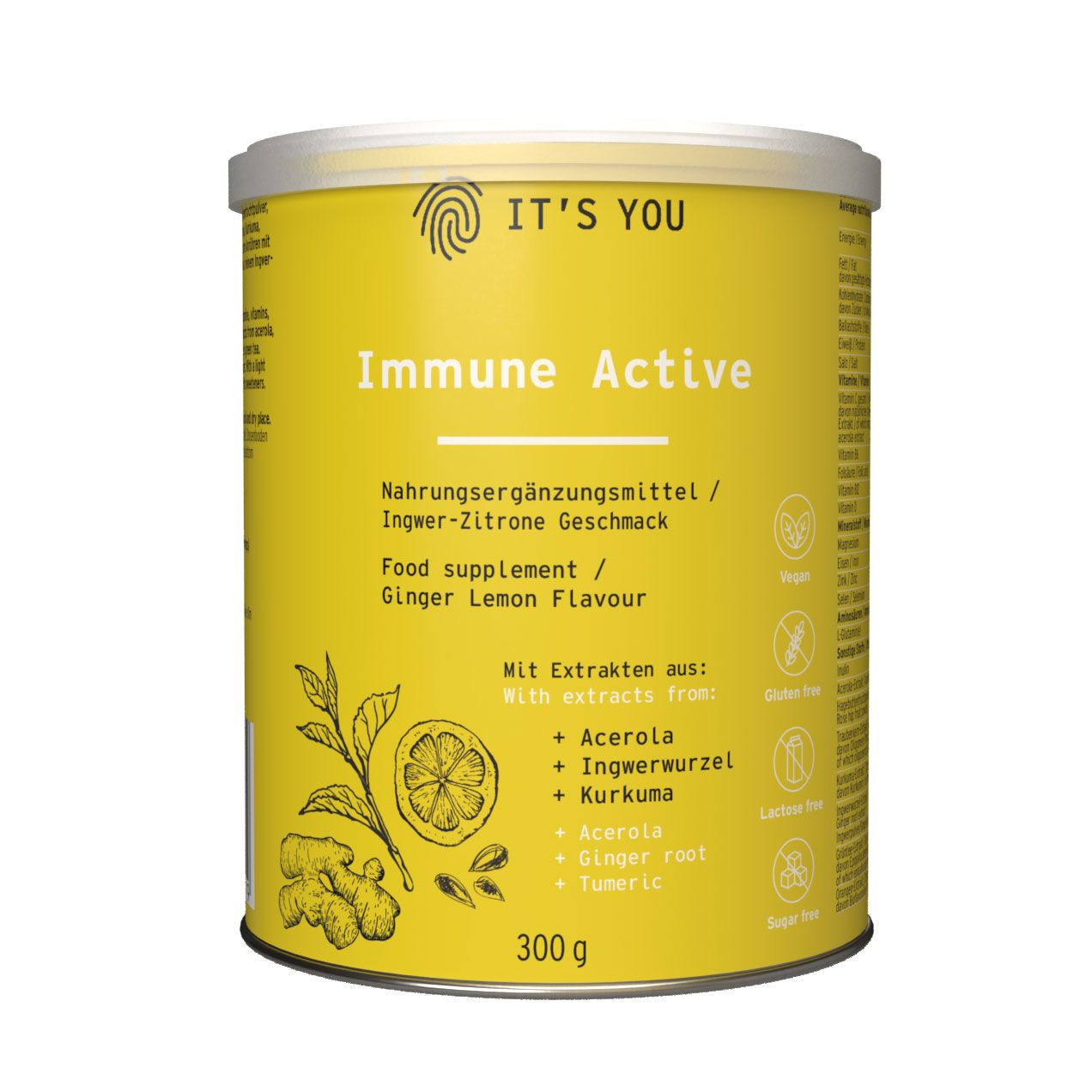 Gelbe Dose "Immune Active". Nahrungsergänzungsmittel. Ingwer-Zitrone Geschmack. "IT'S YOU" Logo. 300g.
