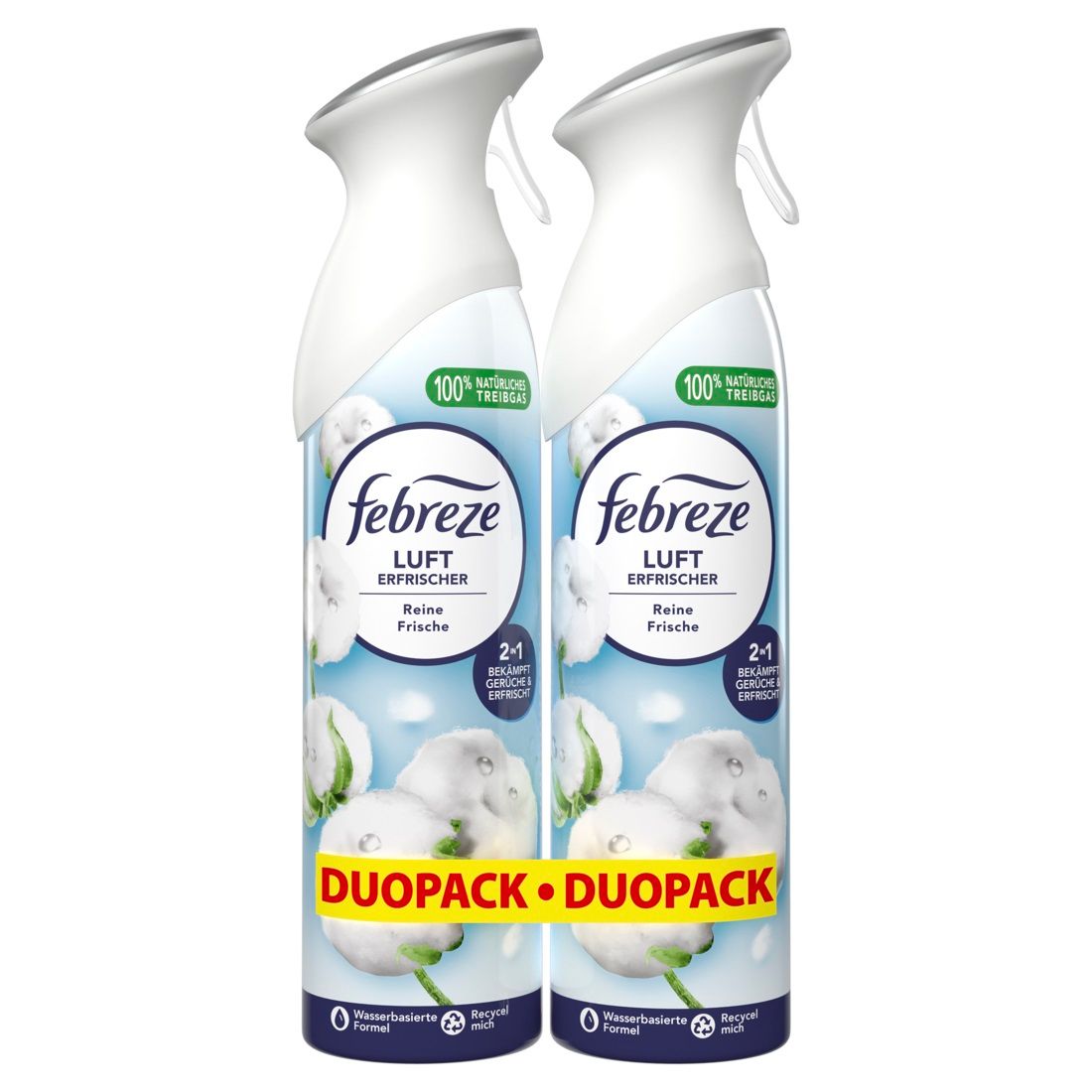 Zwei weiße Sprühflaschen. Aufschrift: "Febreze Lufterfrischer Reine Frische Duo". Duo-Pack-Aufkleber.