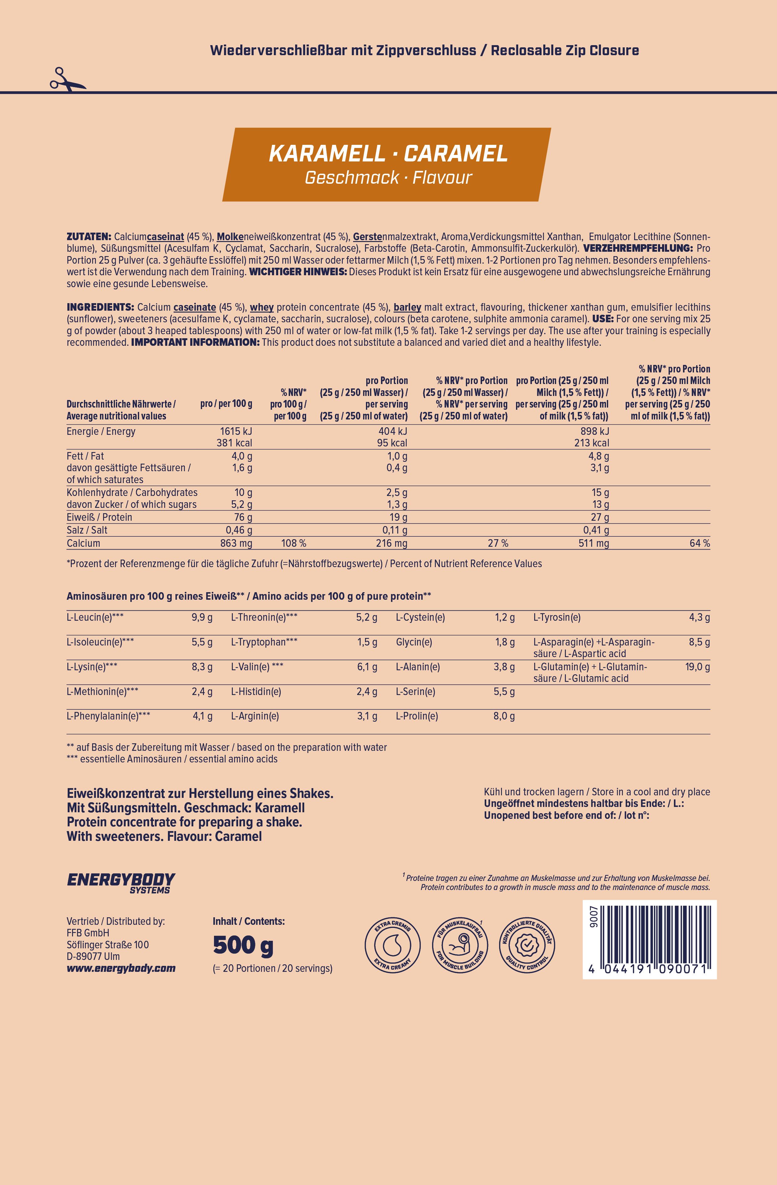 Rückseite der Mega Protein-Verpackung. Text: Karamell/Caramel, Zutaten, Nährwerte, Aminosäuren. Energybody Systems Logo. 500g, 20 Portionen.