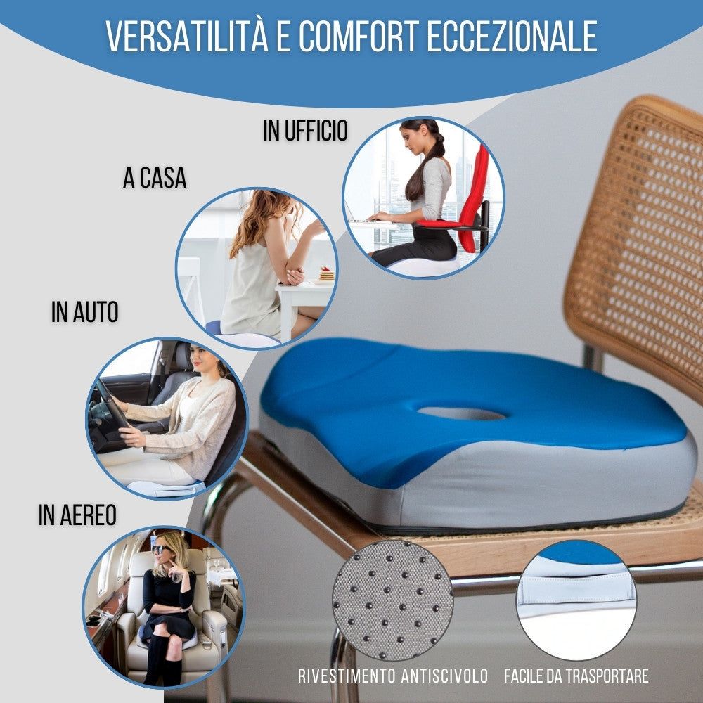 Cuscino blu con foro. Etichette: tessuto traspirante, memory foam, fodera rimovibile, ecc.