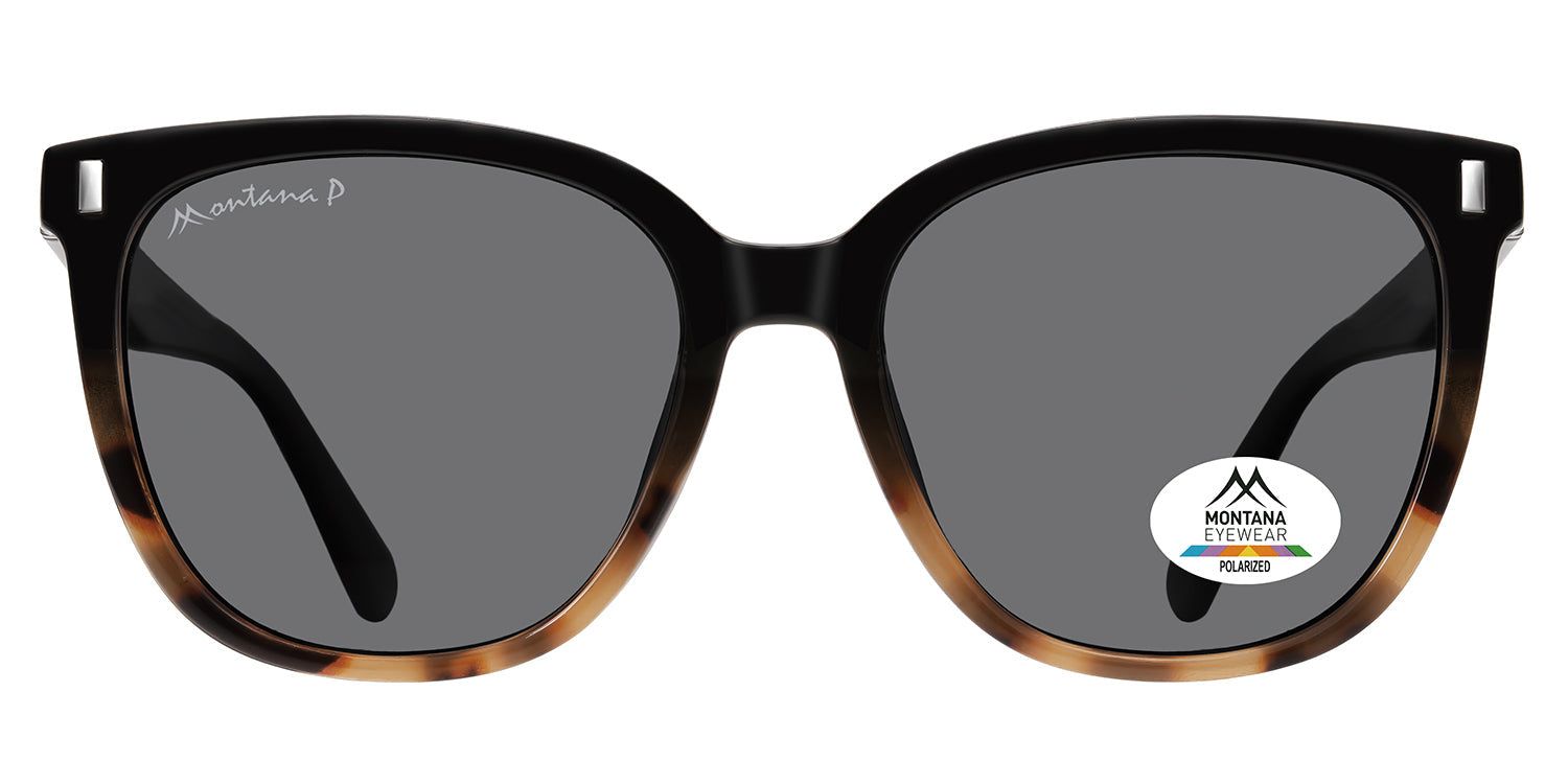 Sonnenbrille mit schwarzem Rahmen und braunen Akzenten. Graue Gläser. Montana Eyewear Logo und Polarized-Aufkleber.