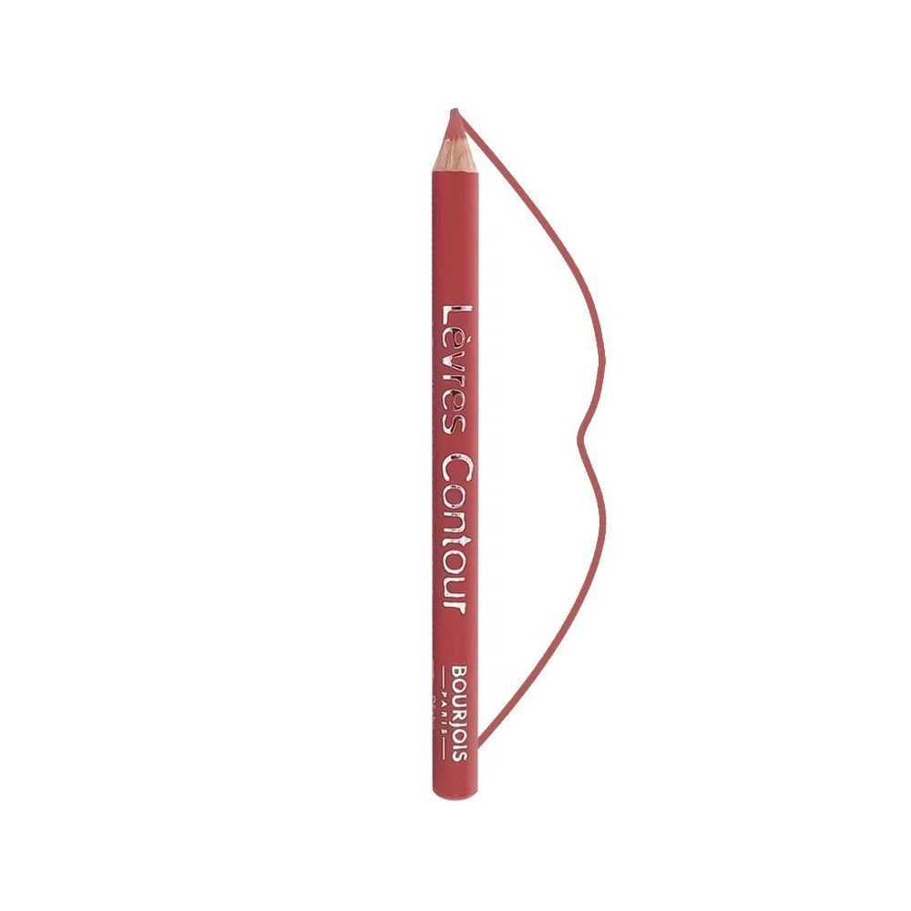 Lippenkonturenstift, rotbraun. Schriftzug: Lèvres Contour, Bourjois Paris. Stiftspitze und Farbabstrich sichtbar.