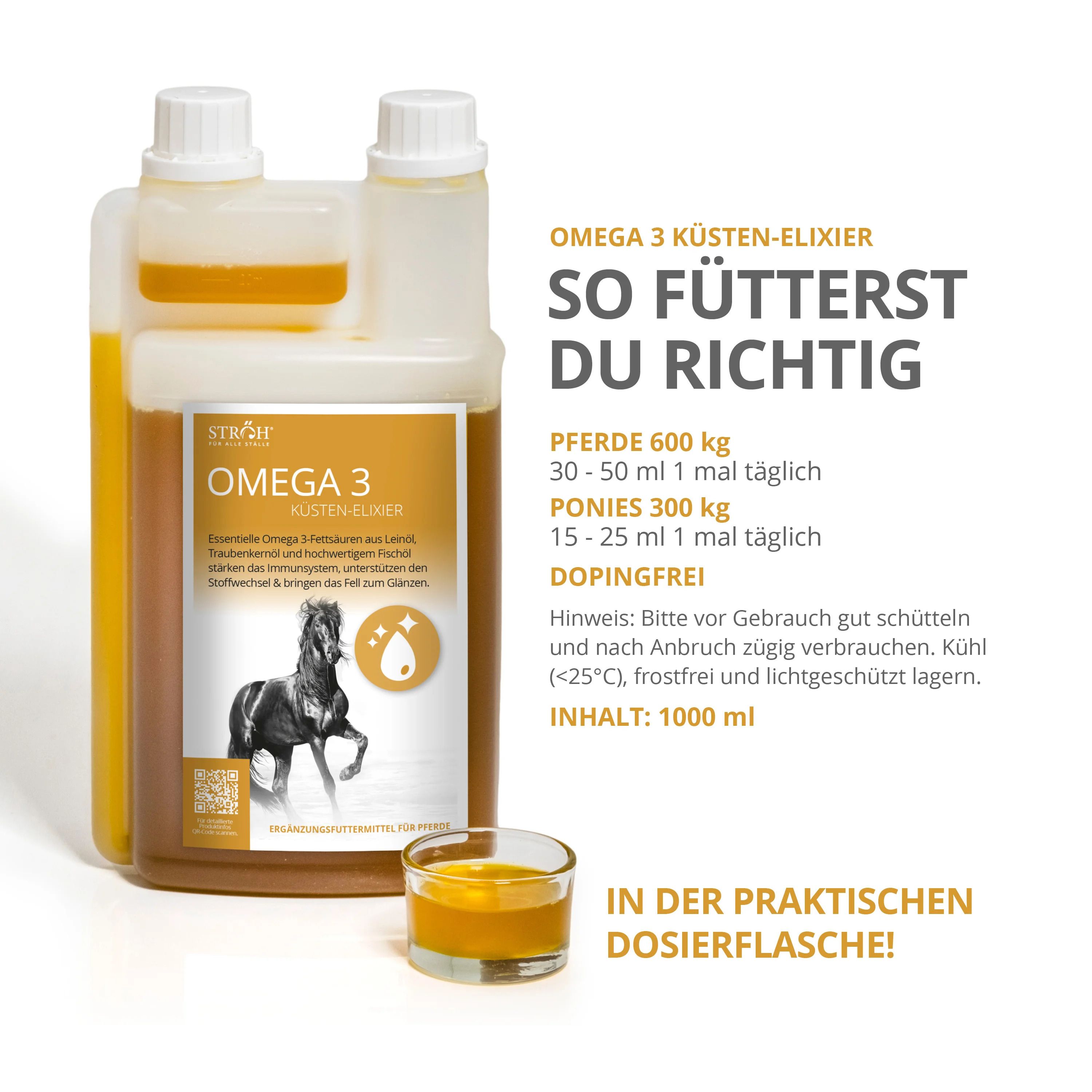 STRÖH Omega 3 Küsten-Elixier Flasche und Becher. Produktinformationen und Dosierungsempfehlung.