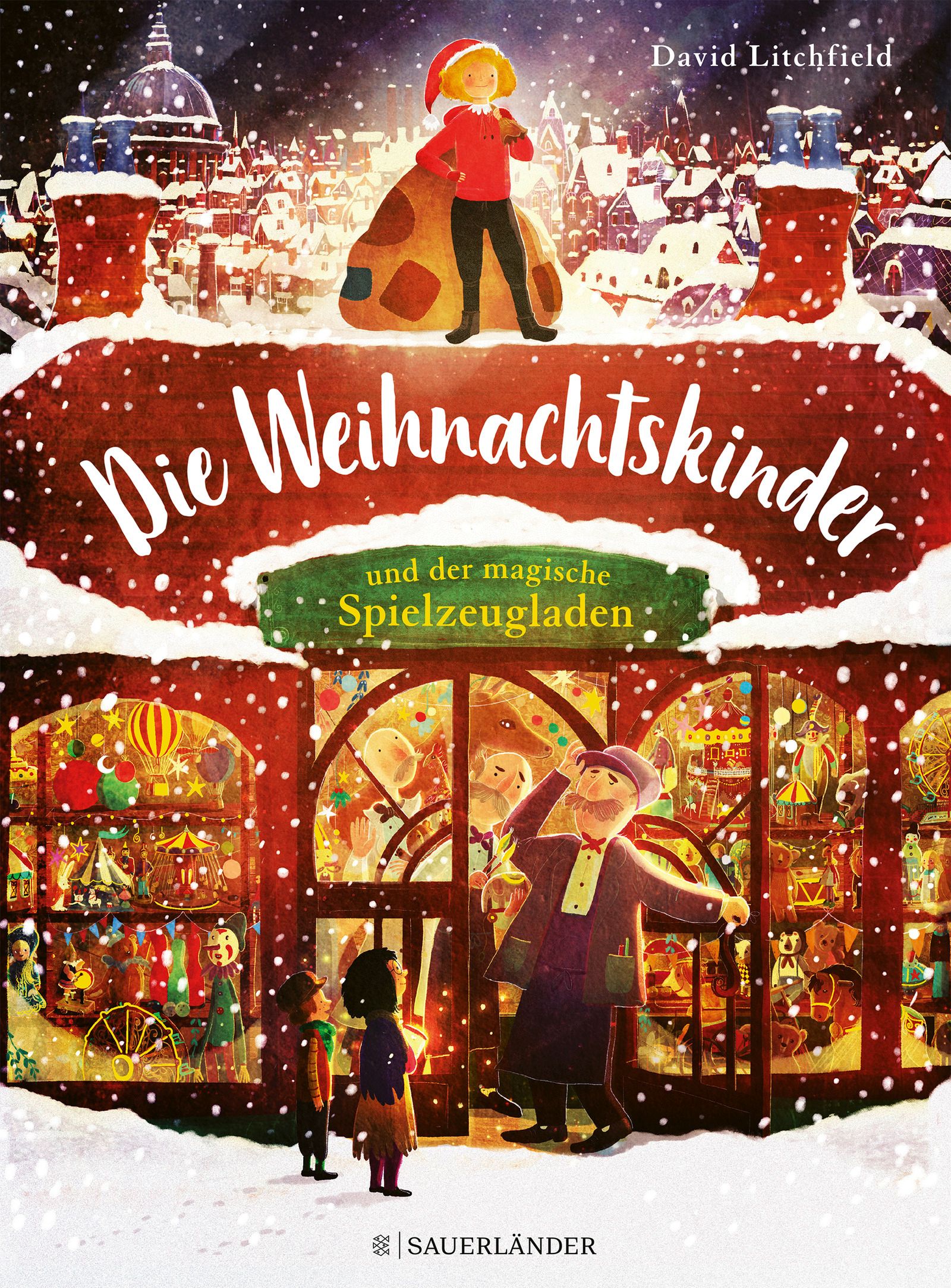 Buchcover: "Die Weihnachtskinder und der magische Spielzeugladen". Illustration mit Spielzeugladen, Kindern und Schneelandschaft.