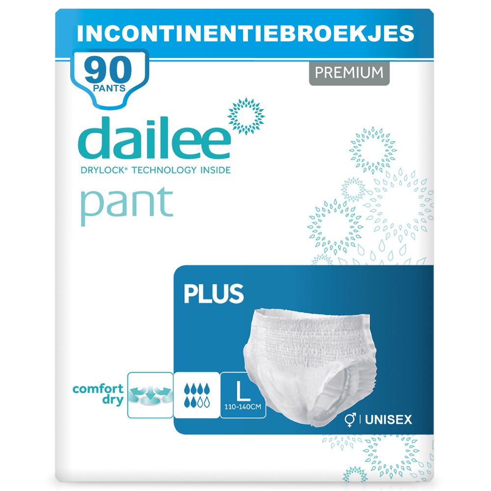 Verpakking Dailee Pants Plus. Maat L, 90 stuks. Unisex. Comfort Dry.