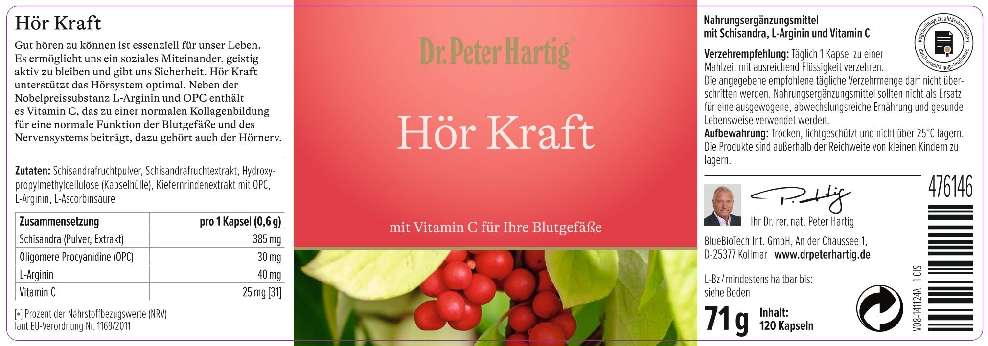 Produktetikett mit Text und Abbildungen von Beeren. Enthält Informationen zu Inhaltsstoffen und Nährwerten.