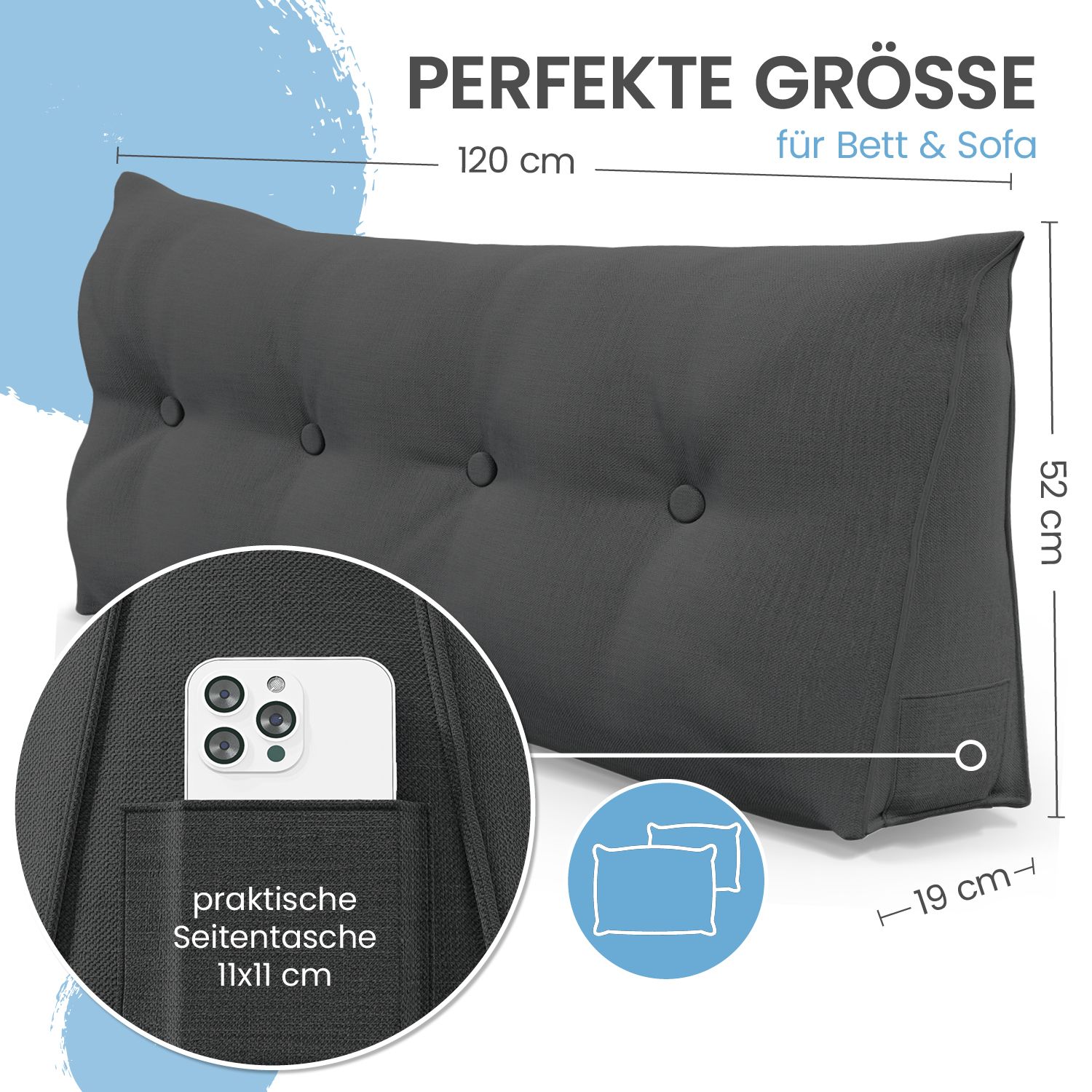 Graues Keilkissen mit Knöpfen. Maße: 120x52x19 cm. Smartphone in Seitentasche. Text: "PERFEKTE GRÖSSE".