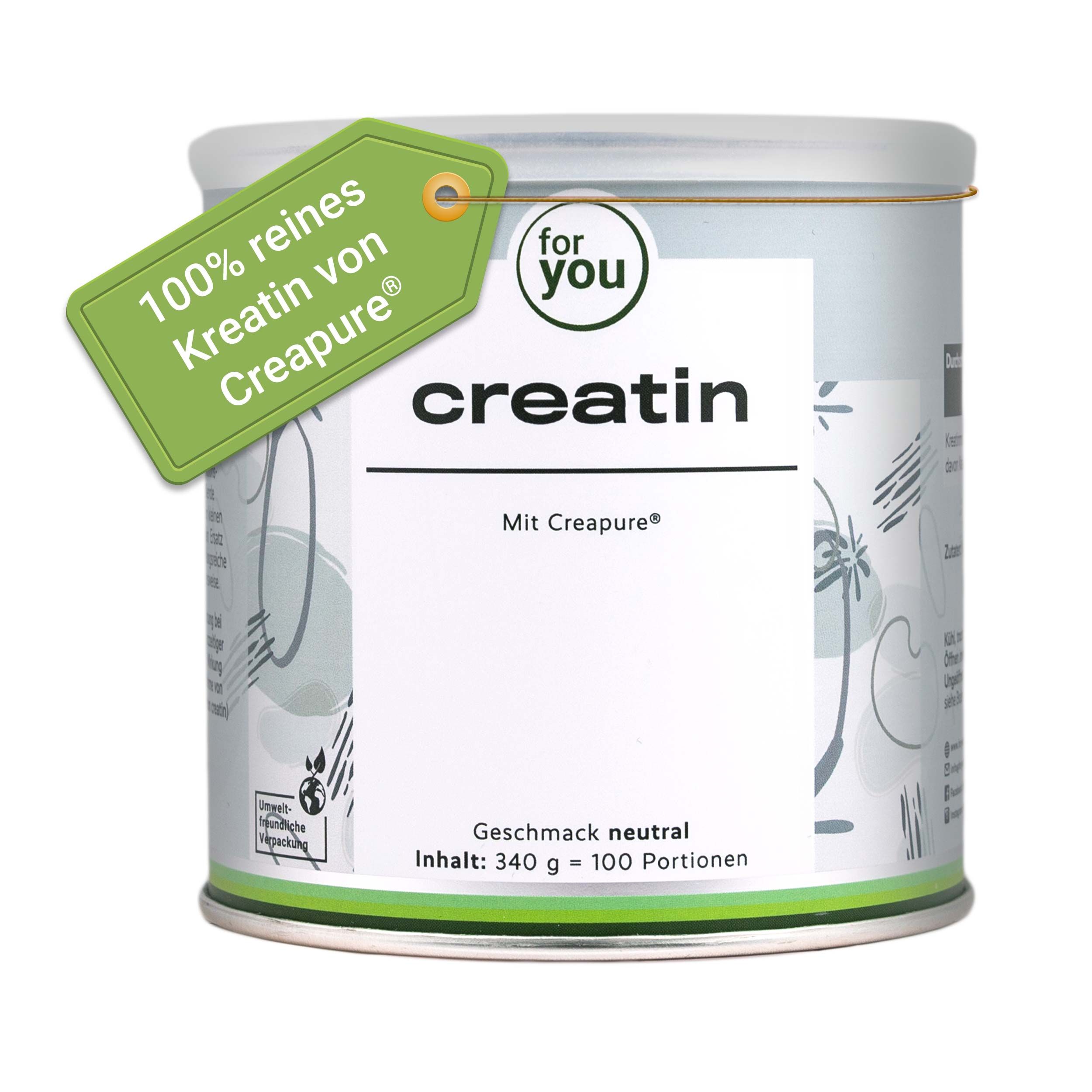 Dose "for you creatin" mit grünem Anhänger. Text: "100% reines Kreatin von Creapure". Dose mit weißem Hintergrund und Produktinformationen.