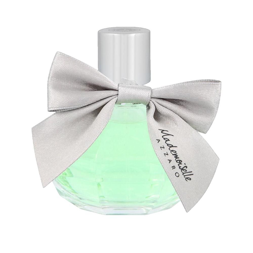 Grünes Parfümflakon mit silberner Kappe und Schleife. Auf der Schleife steht "Mademoiselle Azzaro".