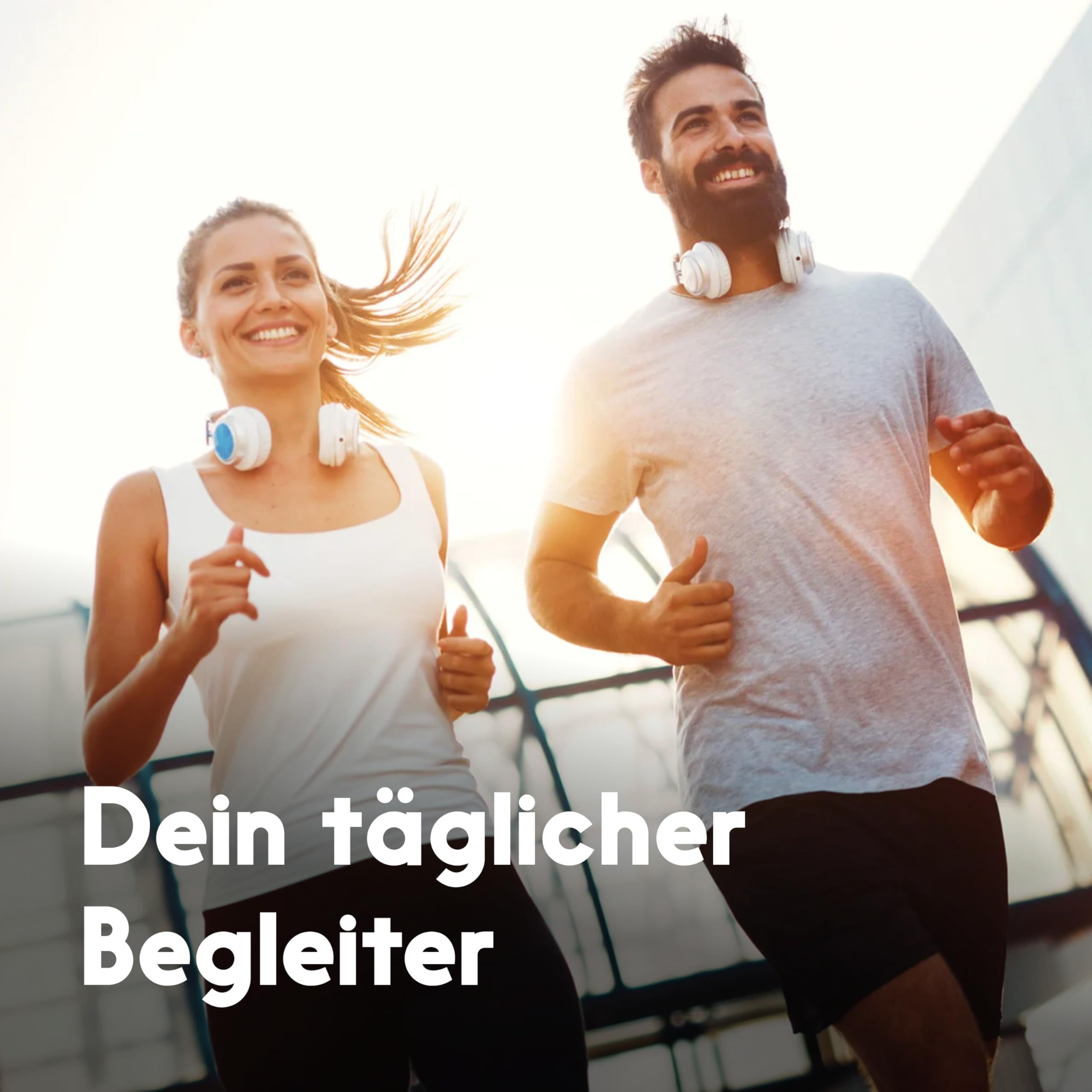 Zwei Personen joggen. Text: Dein täglicher Begleiter.