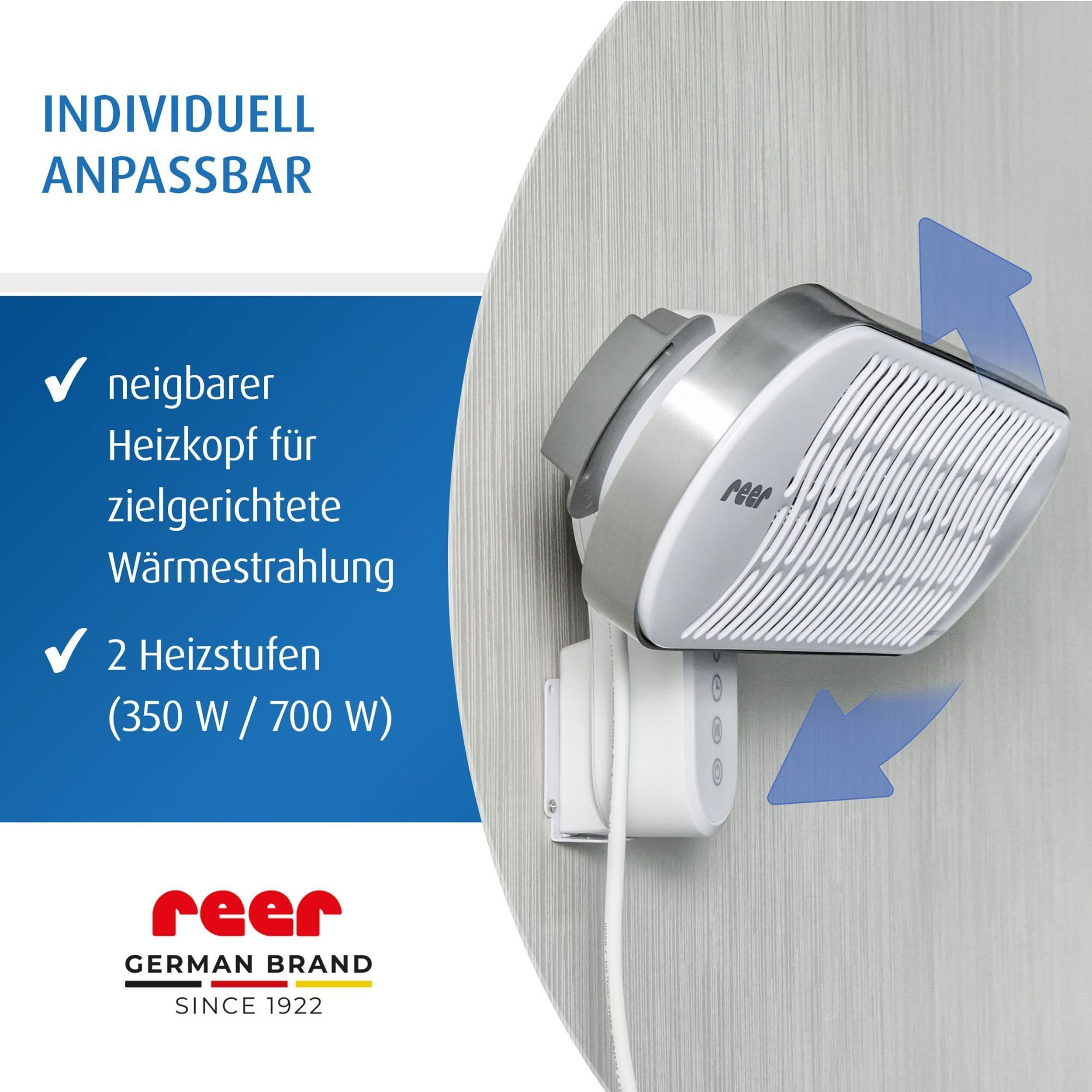Reer Heizstrahler, neigbar, 2 Heizstufen (350 W / 700 W).