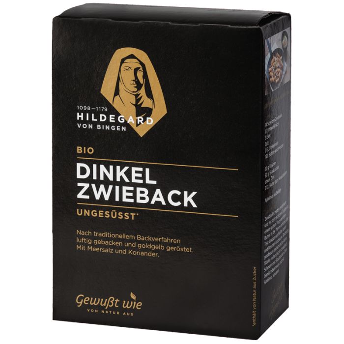 Schwarze Verpackung mit goldfarbenem Logo und Schriftzug. Enthält Dinkel Zwieback, ungesüßt. Marke: Hildegard von Bingen.