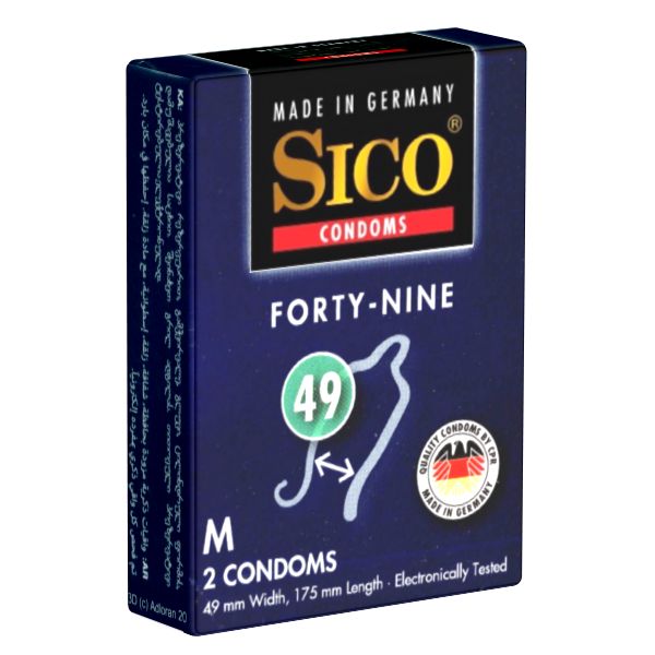 Verpackung mit Kondomen. Aufschrift: SICO, FORTY-NINE, Größe M. 2 Kondome. 49 mm Breite, 175 mm Länge. Hergestellt in Deutschland.