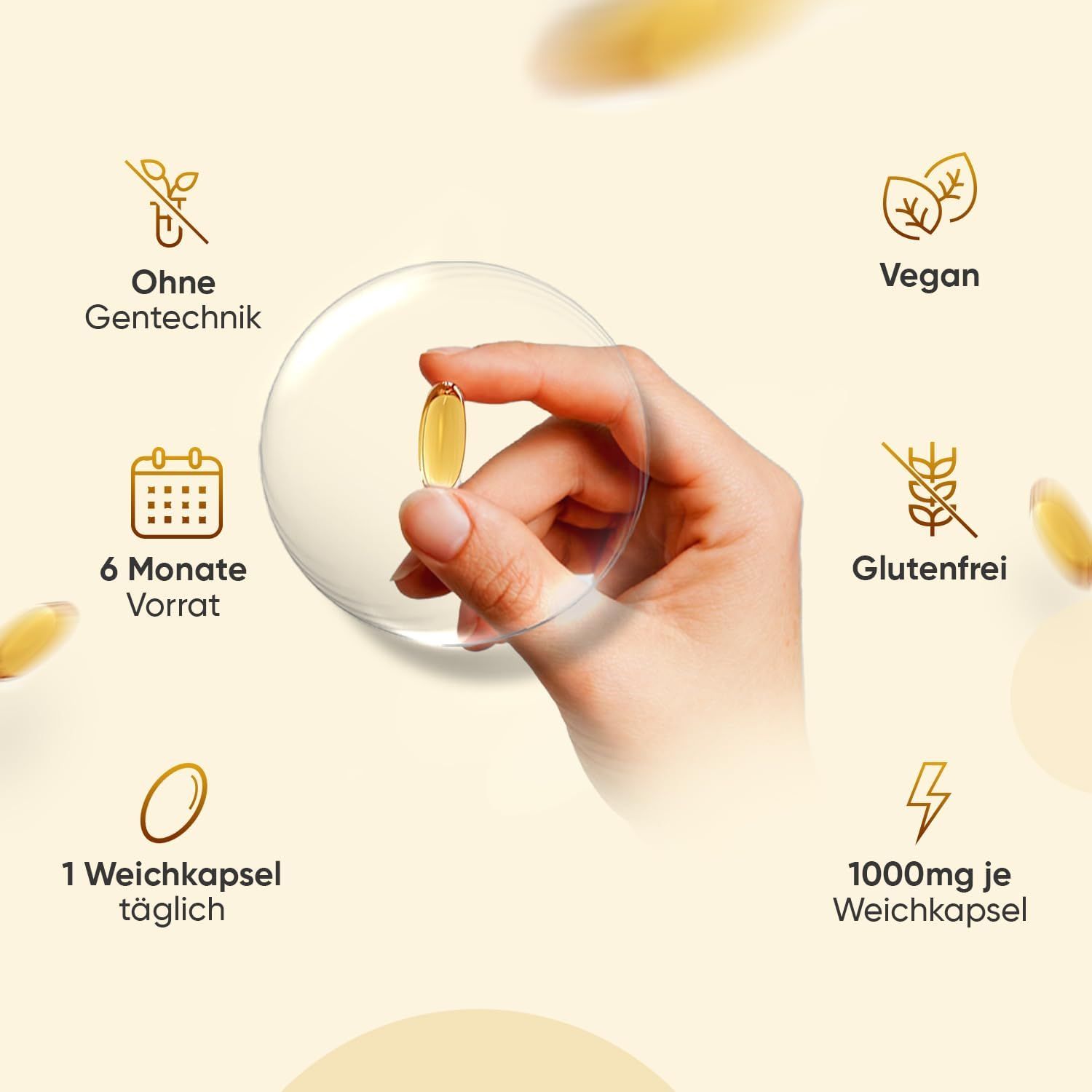 Hand hält eine Weichkapsel. Symbole: Ohne Gentechnik, 6 Monate Vorrat, 1 Weichkapsel täglich, 1000mg je Weichkapsel, vegan, glutenfrei.