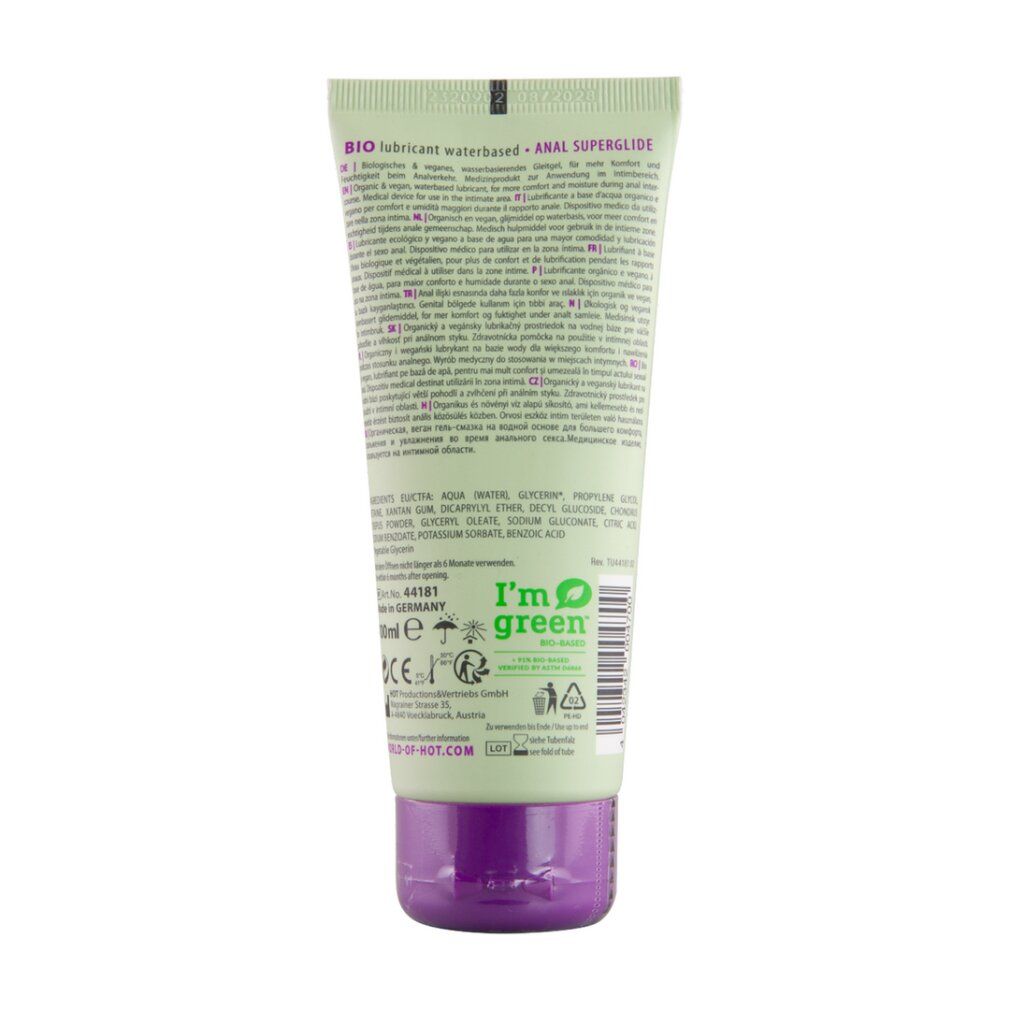 Rückseite einer hellgrünen Tube mit lila Verschluss. Enthält Produktinformationen und Zertifizierungen.