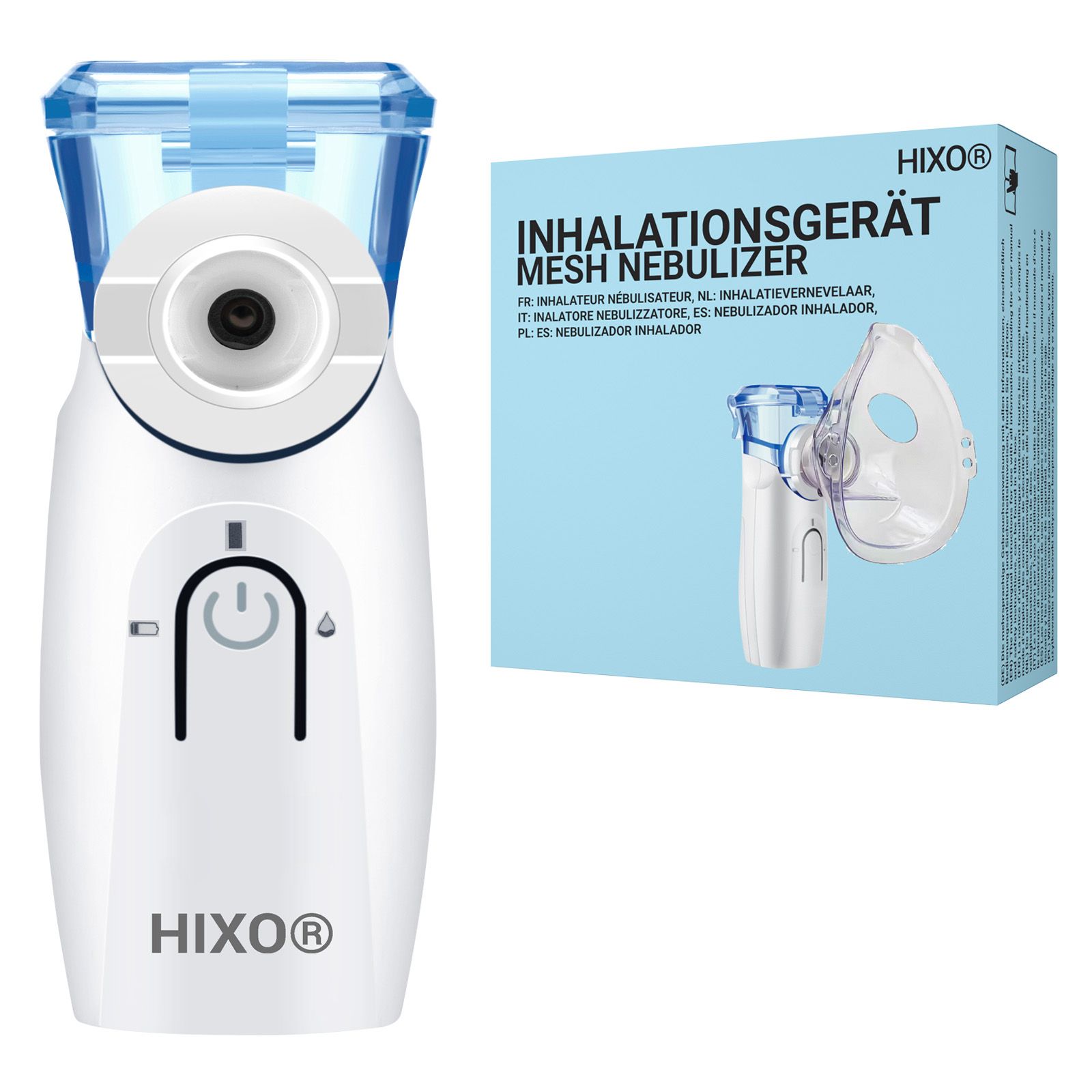 HIXO Inhalator mit Masken und USB-Kabel auf hellem Hintergrund.
