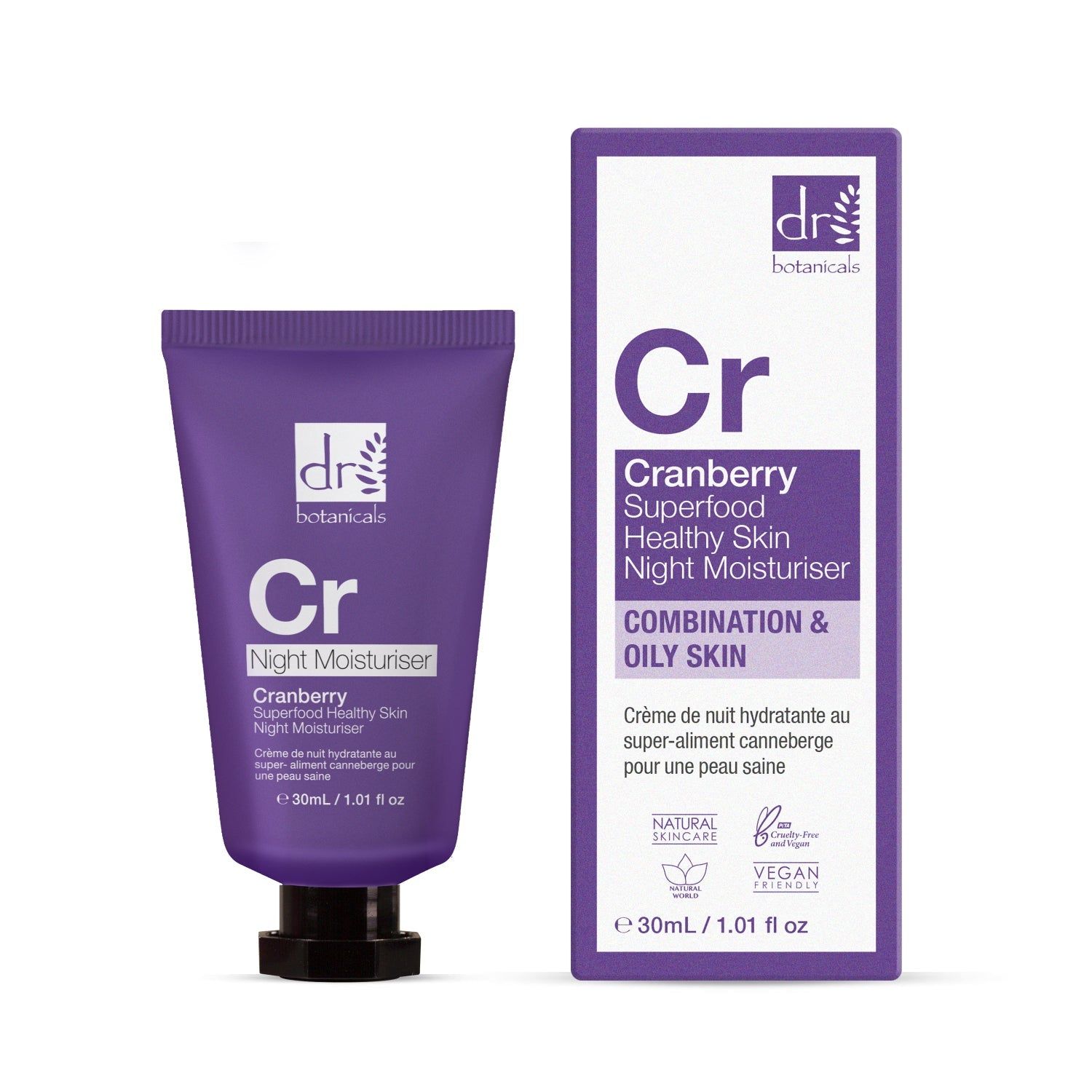 Lila Tube und Schachtel. Aufschrift: Dr Botanicals, Cr, Night Moisturiser, Cranberry Superfood Healthy Skin Night Moisturiser. Kombination & fettige Haut.