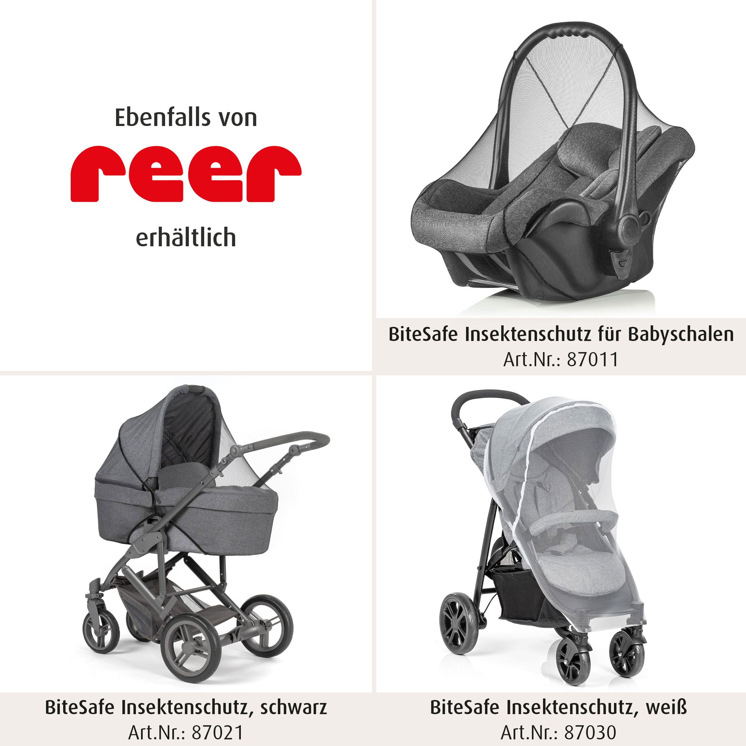 Verschiedene Produkte der Marke reer. Insektenschutz für Babyschalen, Kinderwagen und Reisebetten.