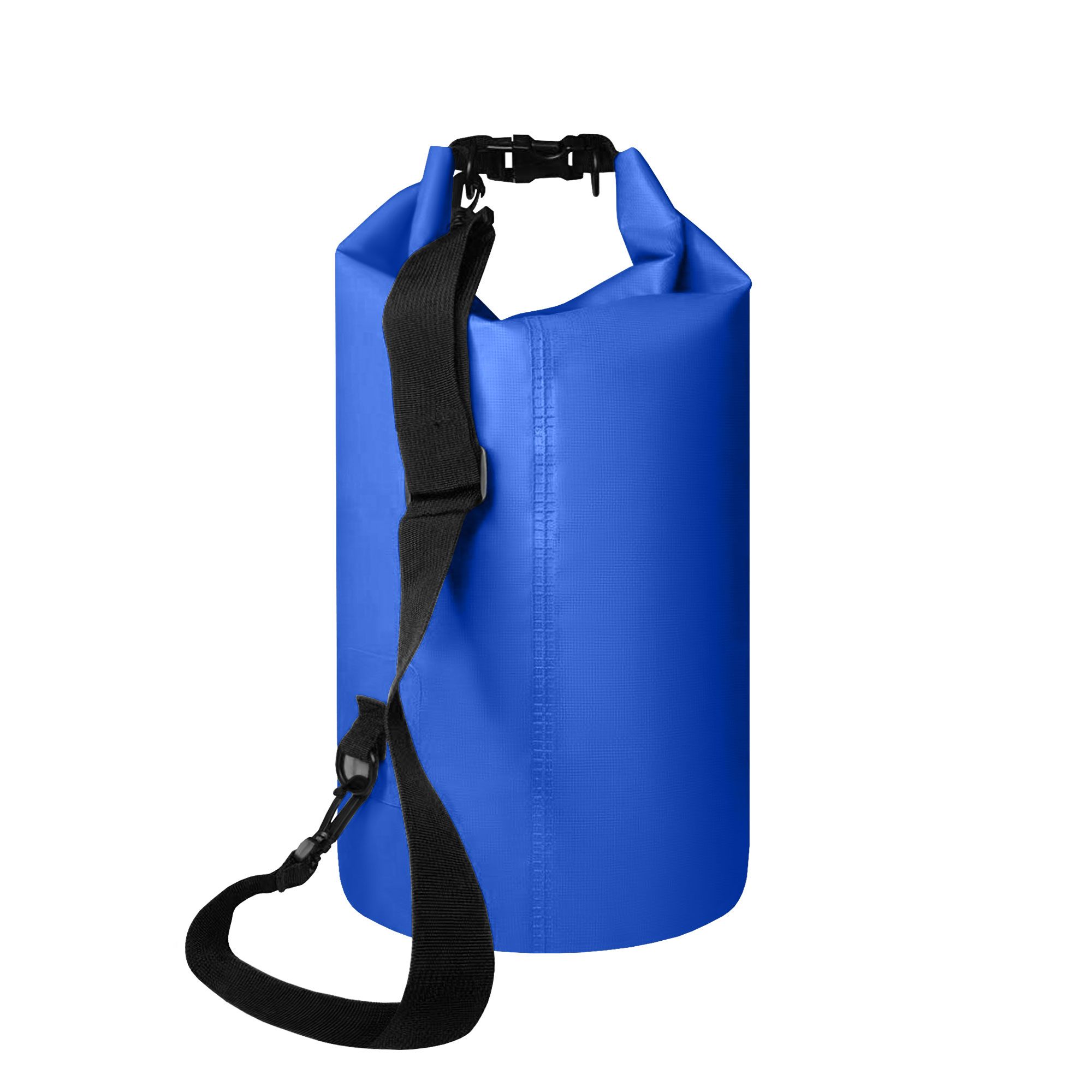 Blauer Packsack mit schwarzem Schultergurt. Schwarzer Verschluss.