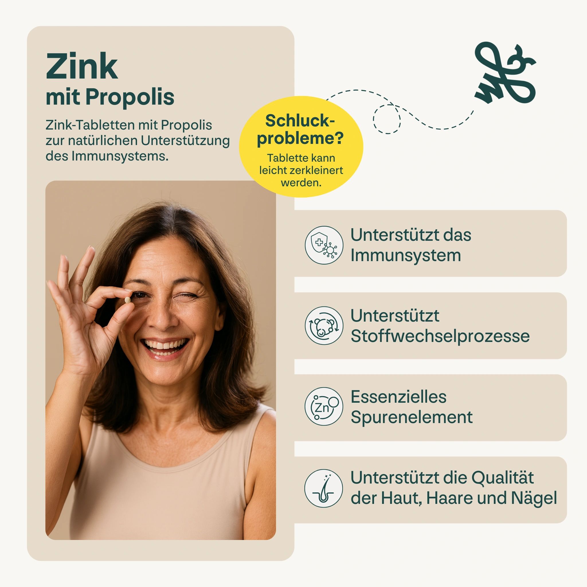Frau hält Tablette. Text: Zink mit Propolis. Unterstützt Immunsystem, Stoffwechsel, Haut, Haare, Nägel.