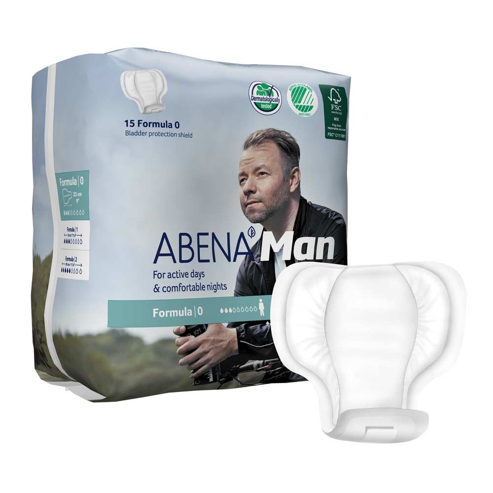 Abena Man Formula 0 Packung und Produkt. Verpackung mit Logo, Mann, 15 Stück. Produkt: weiß, anatomisch geformt.