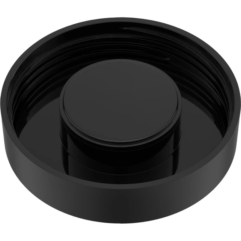Schwarzer Deckel von oben. In der Mitte eine runde, erhöhte Fläche.