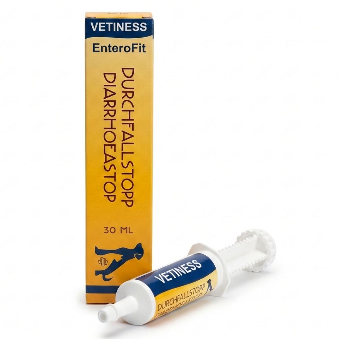 Produkt: Spritze mit Paste und Verpackung. Text: Durchfallstopp Diarrhoeastop. 30 ml. Marke: Vetiness EnteroFit.