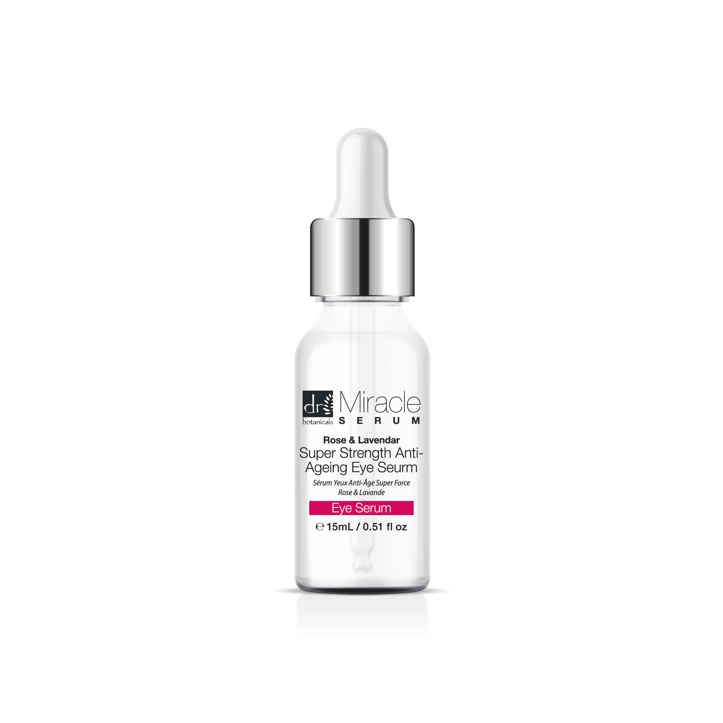 Klarer Glasbehälter mit silberner Kappe und Pipette. Etikett mit Text: Rose & Lavendar Super Strength Anti-Ageing Eye Seurm.