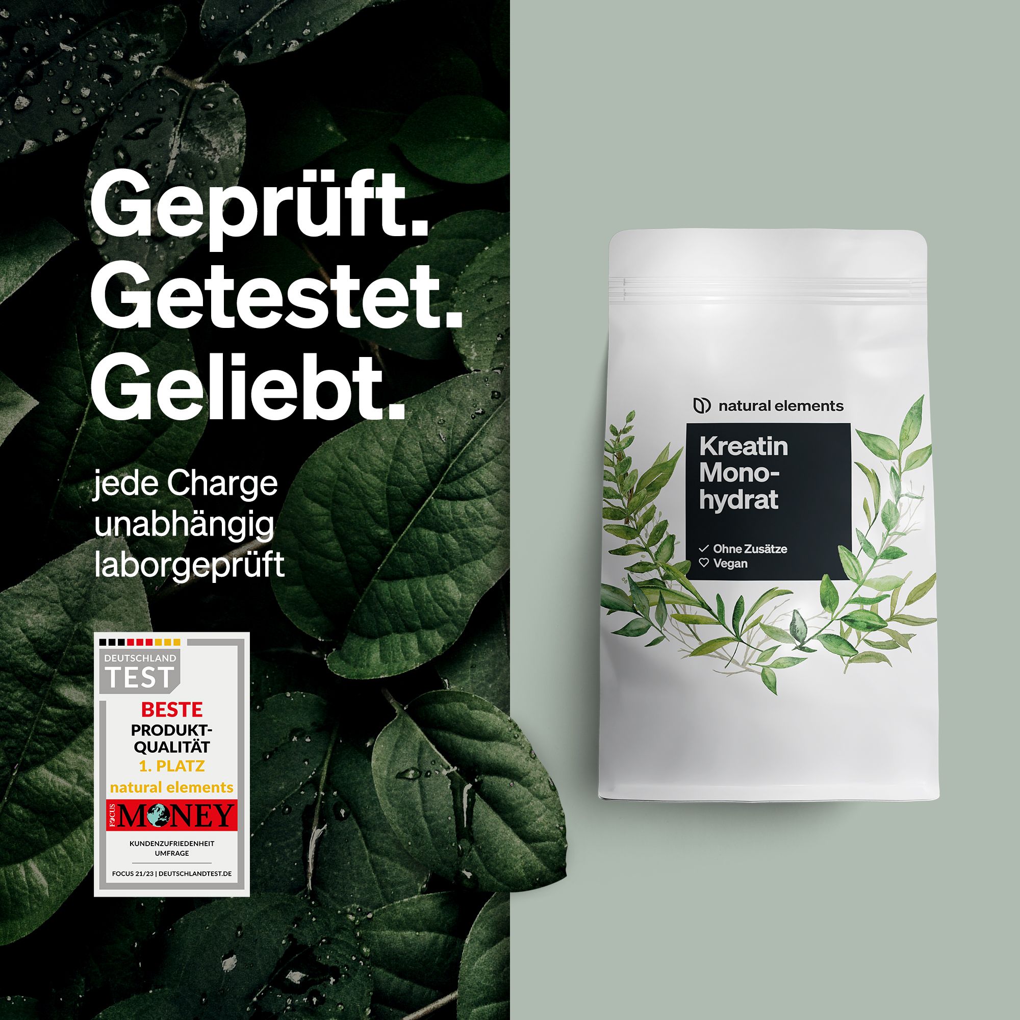 Produktverpackung mit Text und Logo. Text: 'Geprüft. Getestet. Geliebt.' 'Beste Produktqualität'. Logo 'natural elements'.