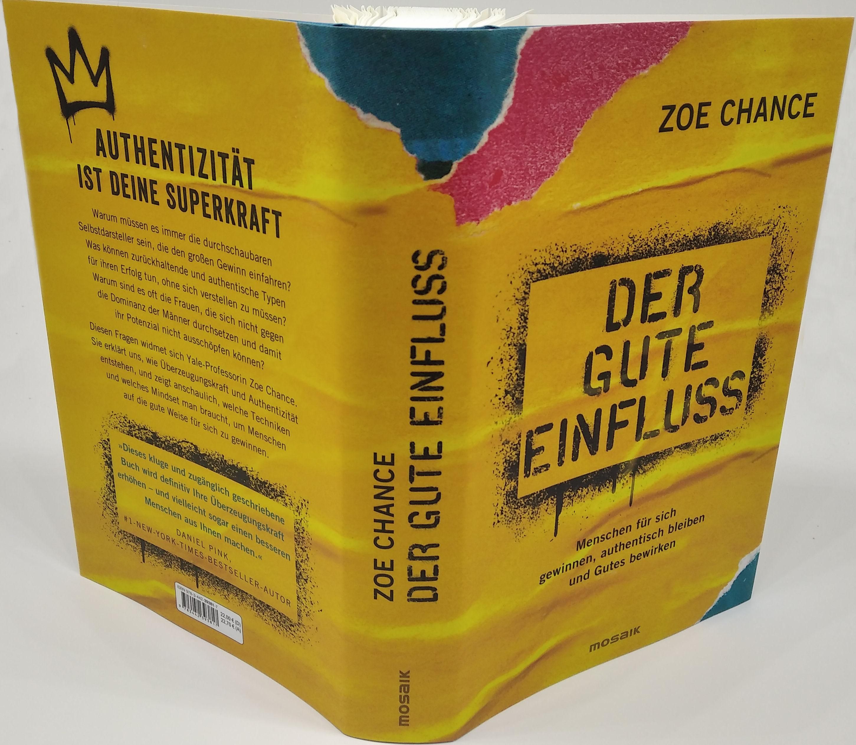 Buch "Der gute Einfluss" geöffnet. Innenseiten mit Text. Titel und Autor auf der linken Seite. Gelber Hintergrund.