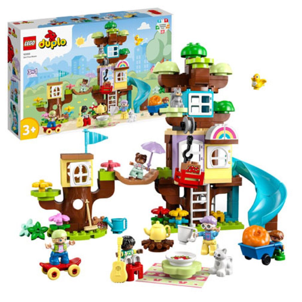 LEGO Duplo 3-in-1-Baumhaus-Set. Baumhaus mit Rutsche, Figuren und Zubehör. Verpackung im Hintergrund.