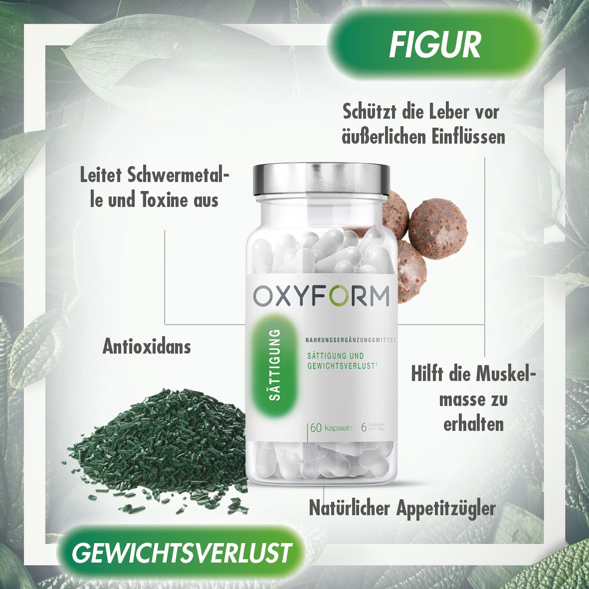 Glasflasche mit Kapseln, "OXYFORM"-Logo. Text und Illustrationen. Grünliche Masse und braune Kugeln daneben. Textfelder.