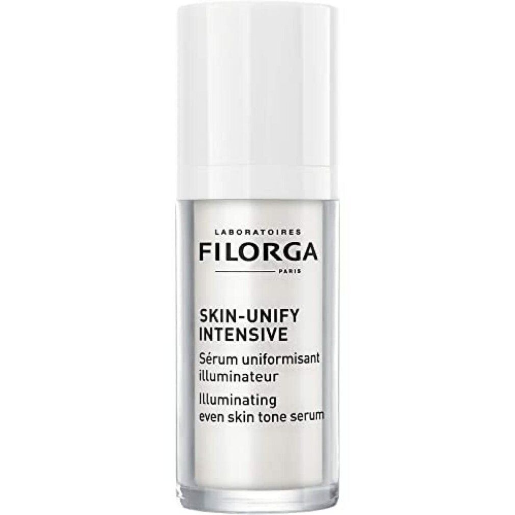 Filorga Skin-Unify Intensive Serum. Weiße Flasche mit weißem Deckel. Text: Skin-Unify Intensive, Serum uniformisant illuminateur.