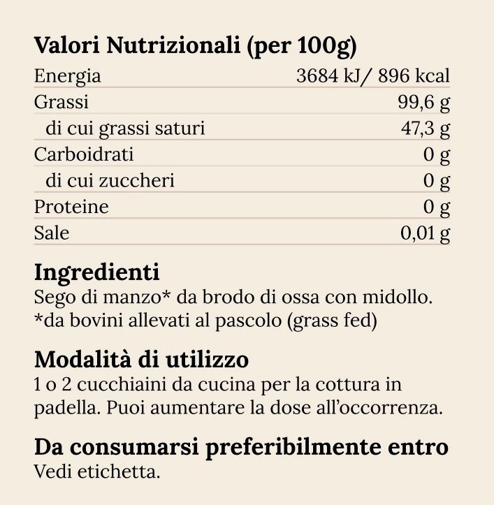 Etichetta con valori nutrizionali, ingredienti e modalità d'uso. Contiene informazioni su grassi, carboidrati, proteine e sale.